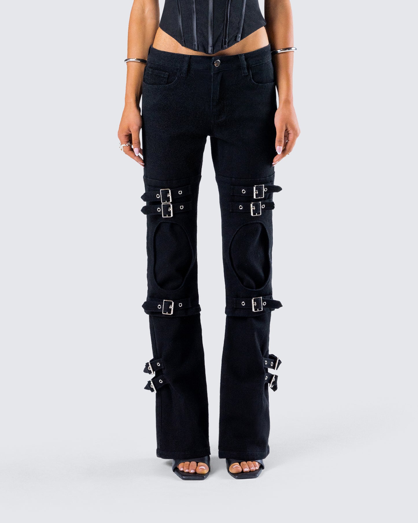 Serenity Black Denim Buckle Jean model front