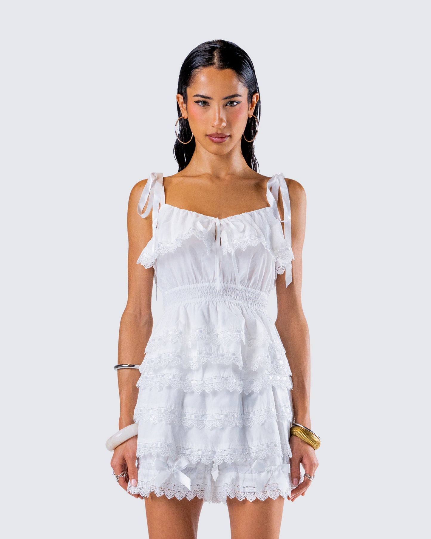 Shannyn White Ruffle Tie Top model front