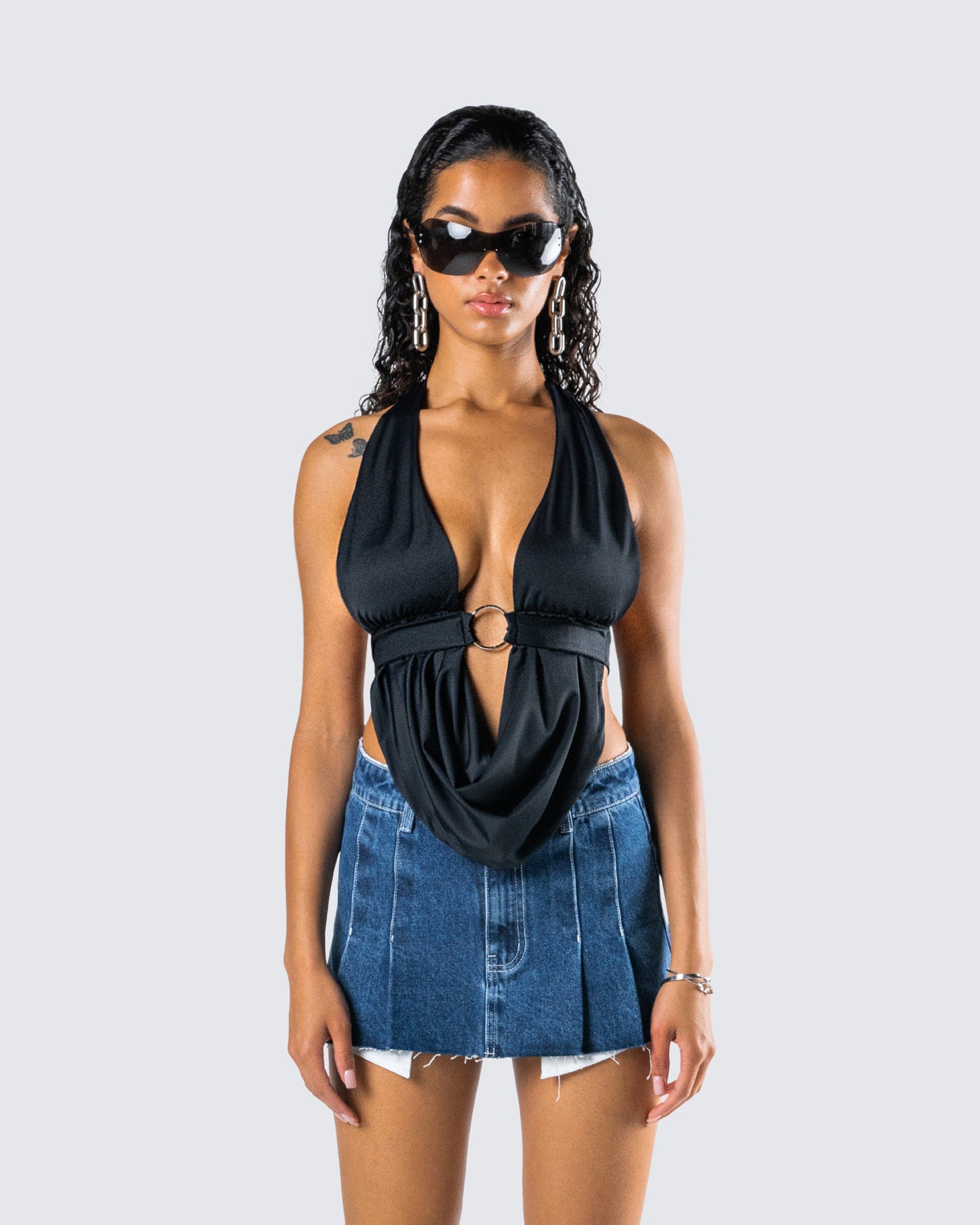 Simmi Black Halter Drape Top model front
