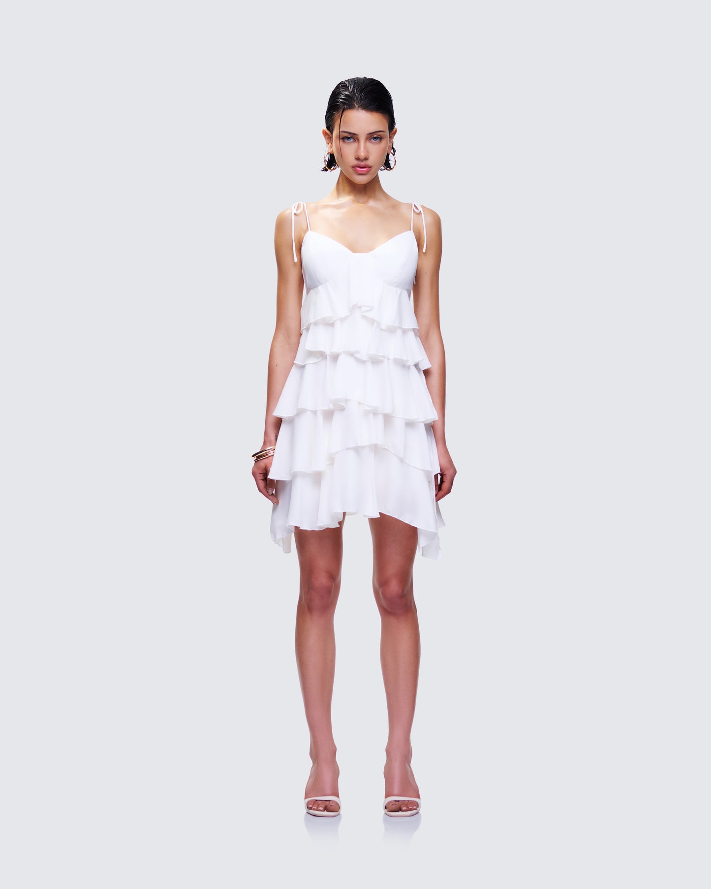 Sorel Ivory Tiered Ruffle Dress model front