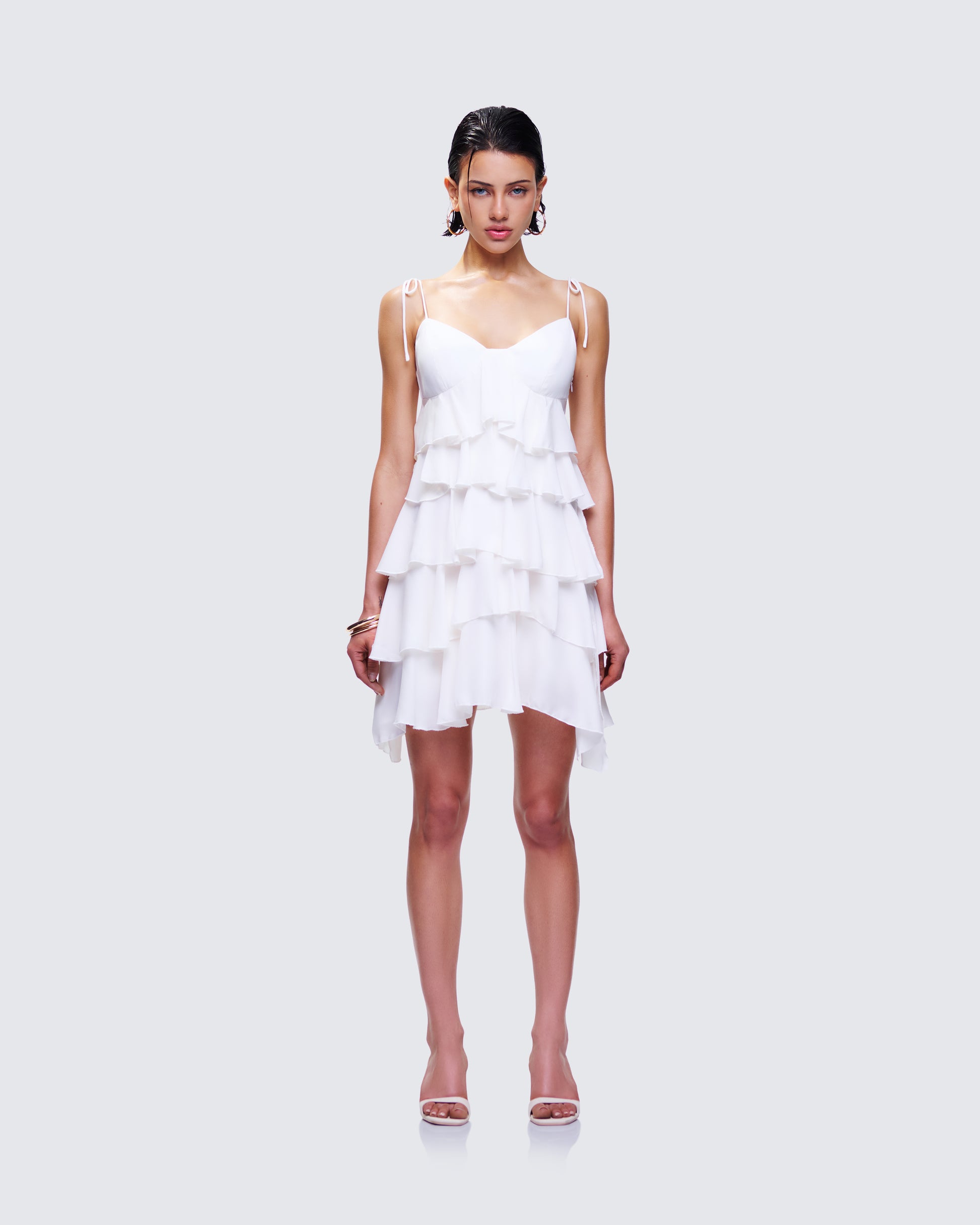 Sorel Ivory Tiered Ruffle Dress model front