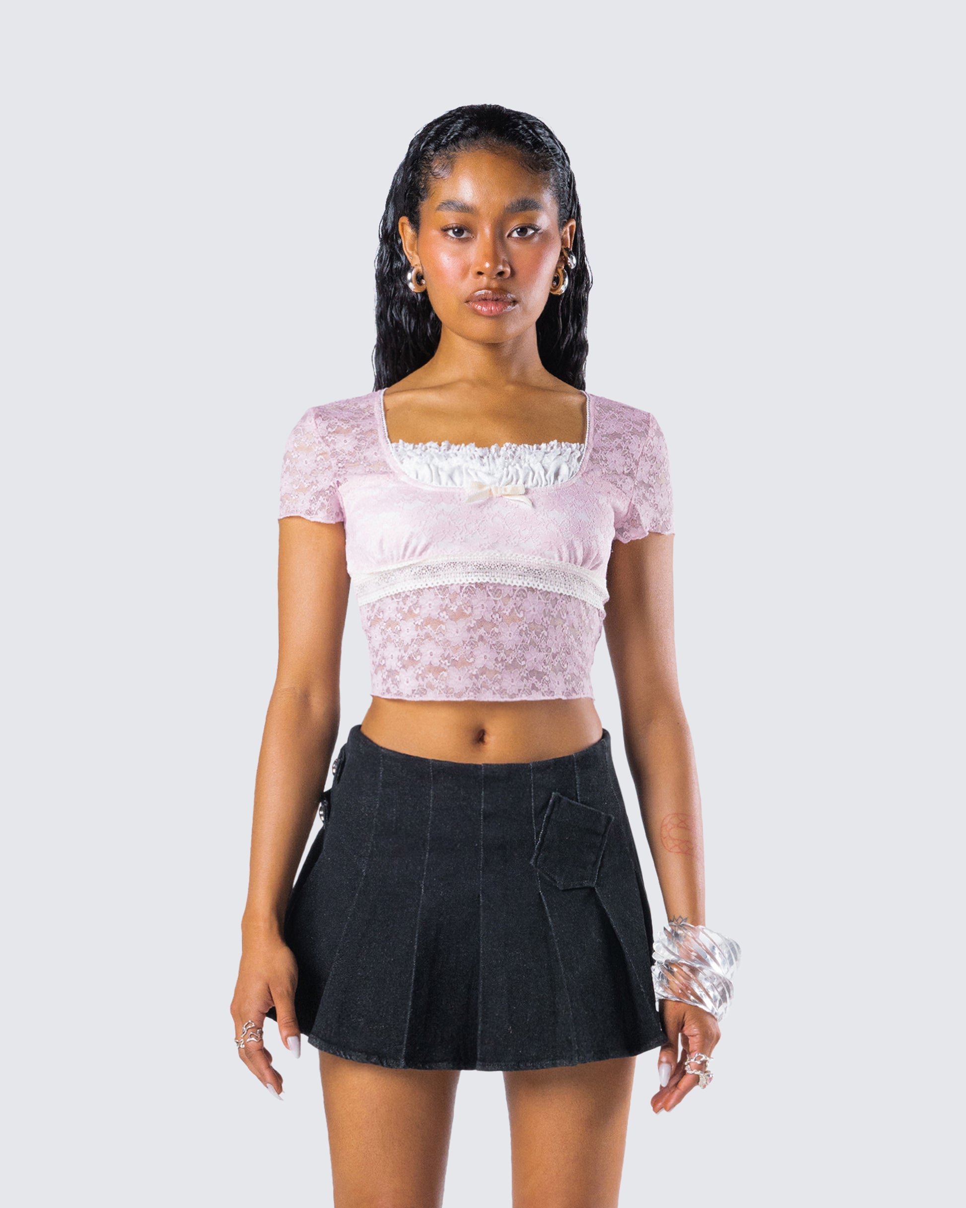 Stefanie Pink Lace Top model front
