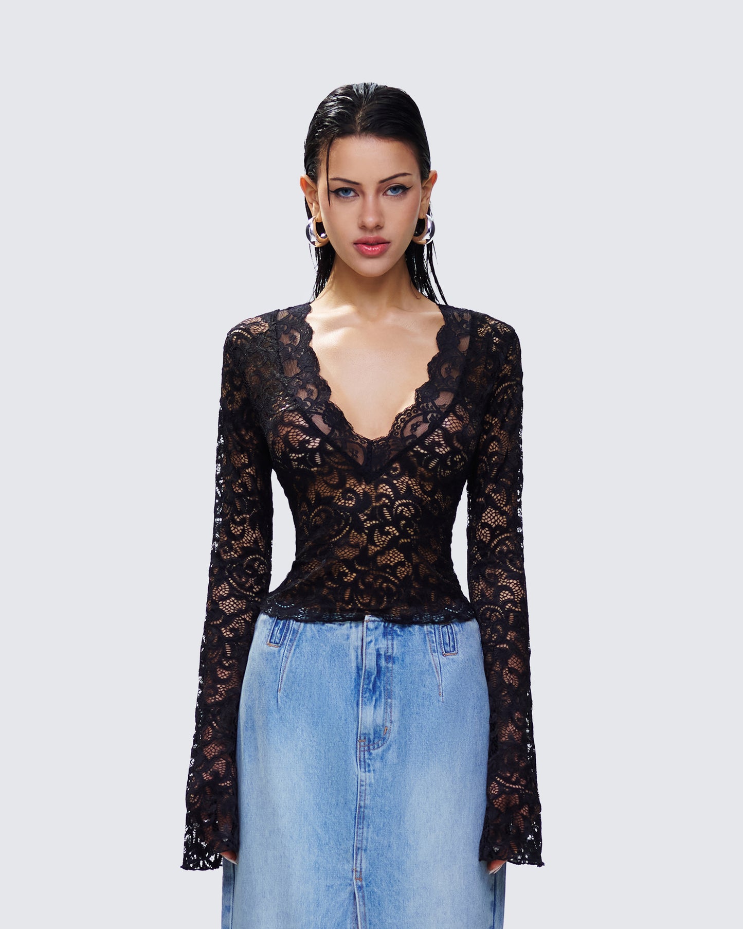 Suki Black Lace Long Sleeve Top model front