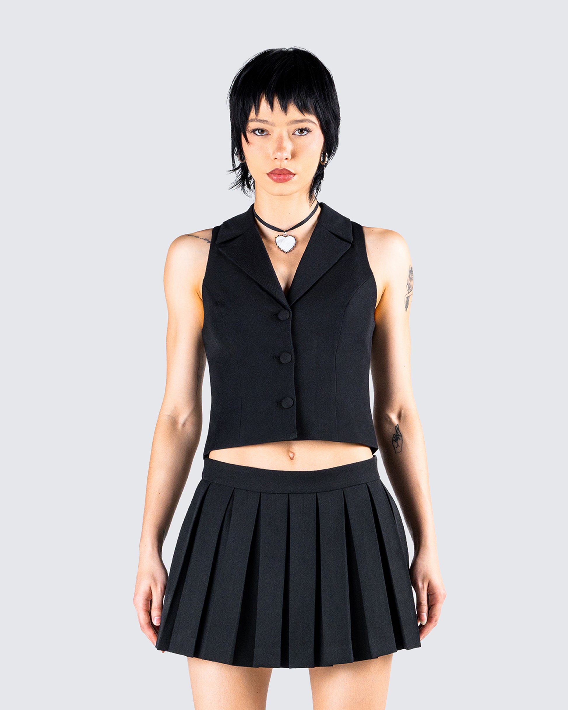 Supriya Black Cropped Vest model front
