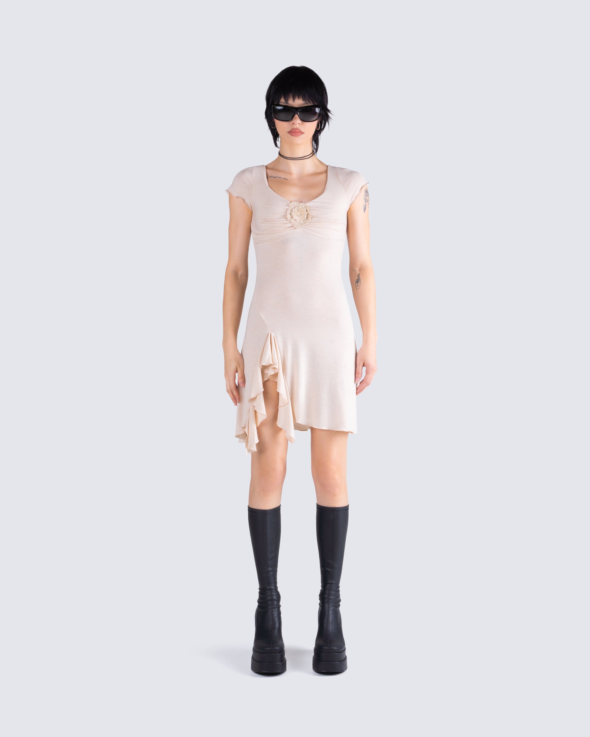 Tai Beige Jersey Ruffle Dress model front