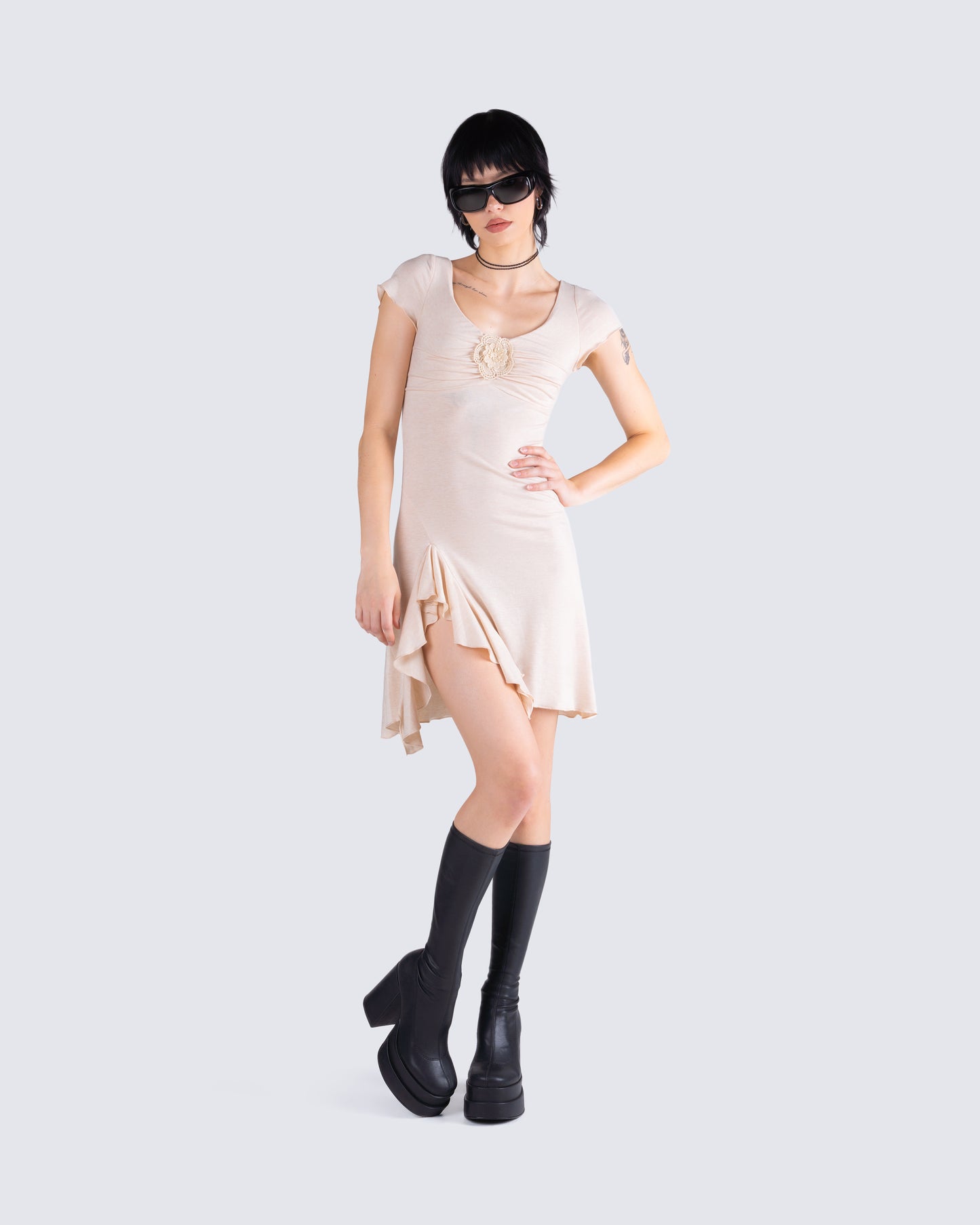 Tai Beige Jersey Ruffle Dress