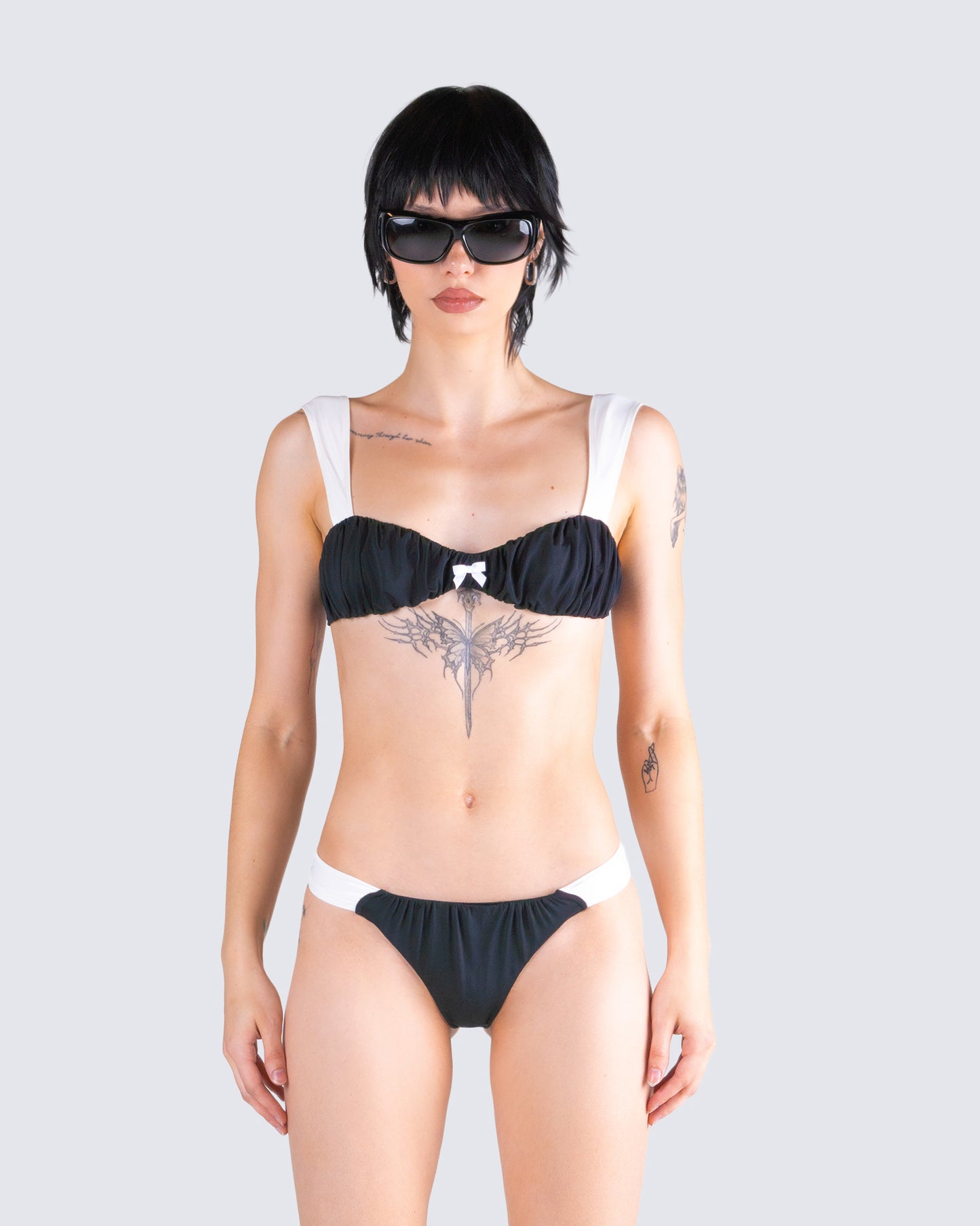 Taika Black Shirred Bikini Top model front
