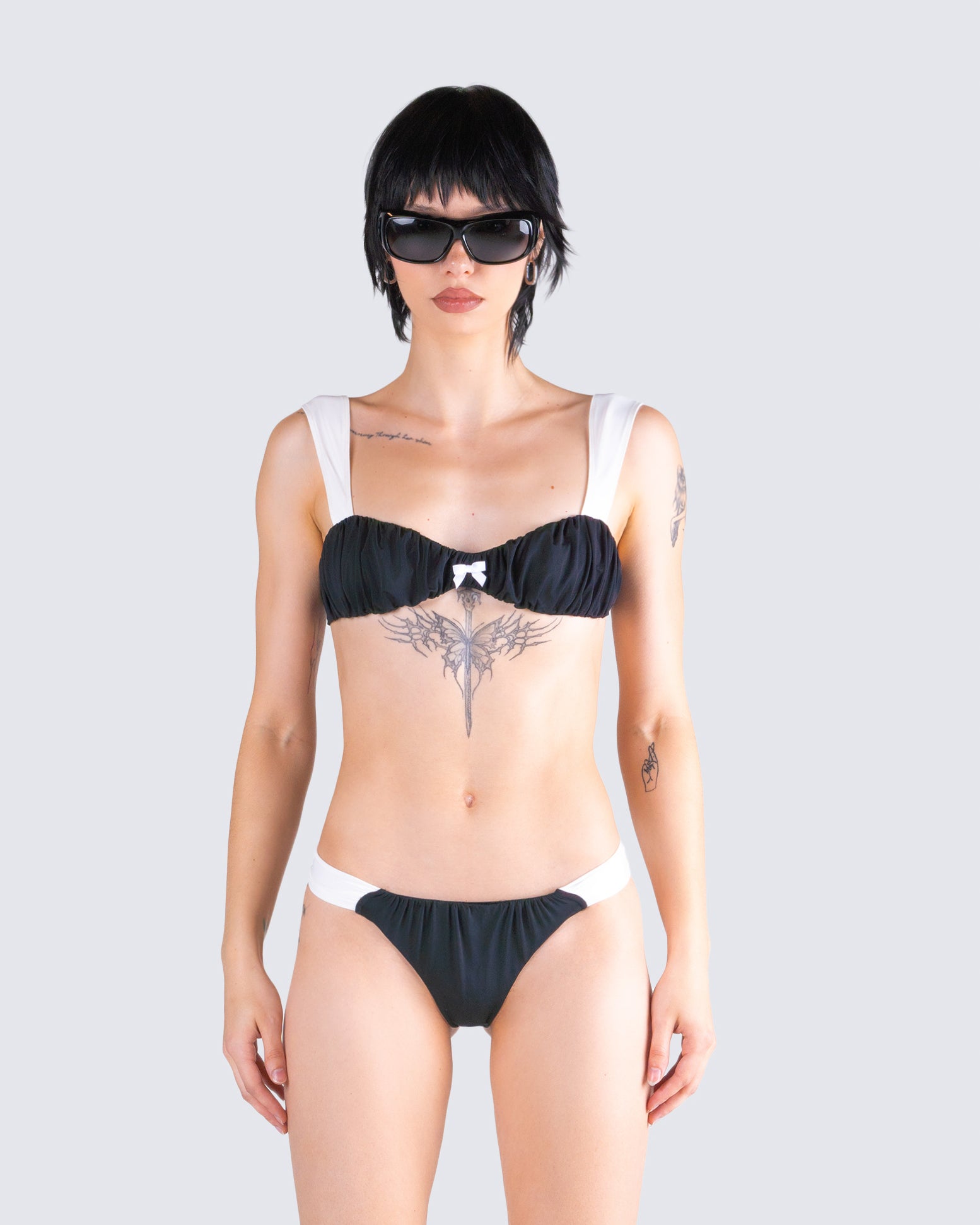 Taika Black Shirred Bikini Top model front