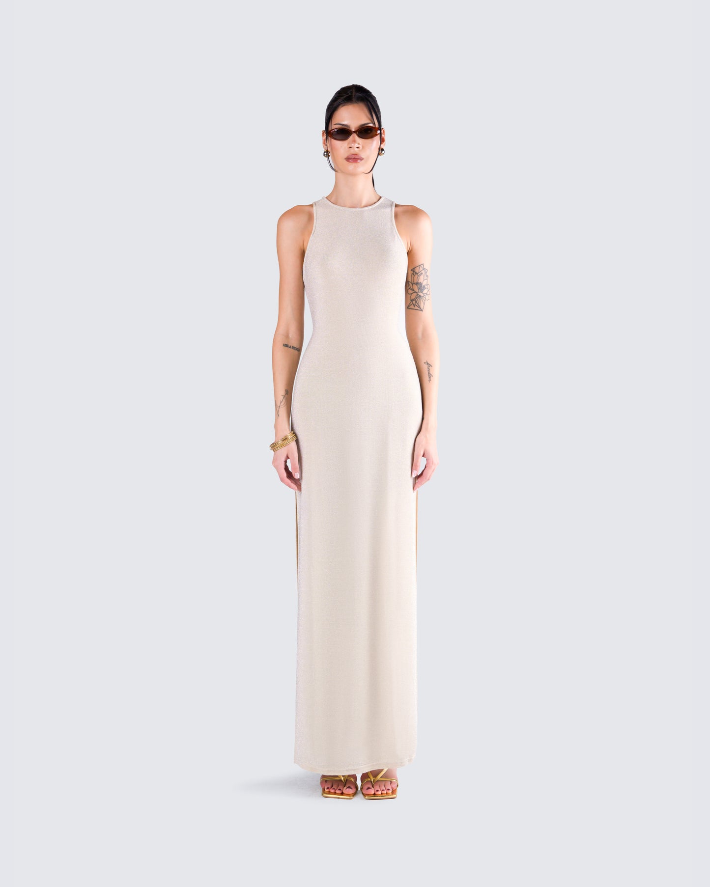 Taline Gold Lurex Maxi Dress model front