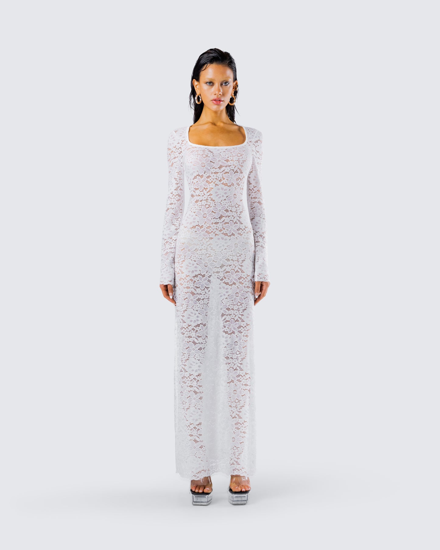 Tanith White Lace Maxi Dress model front