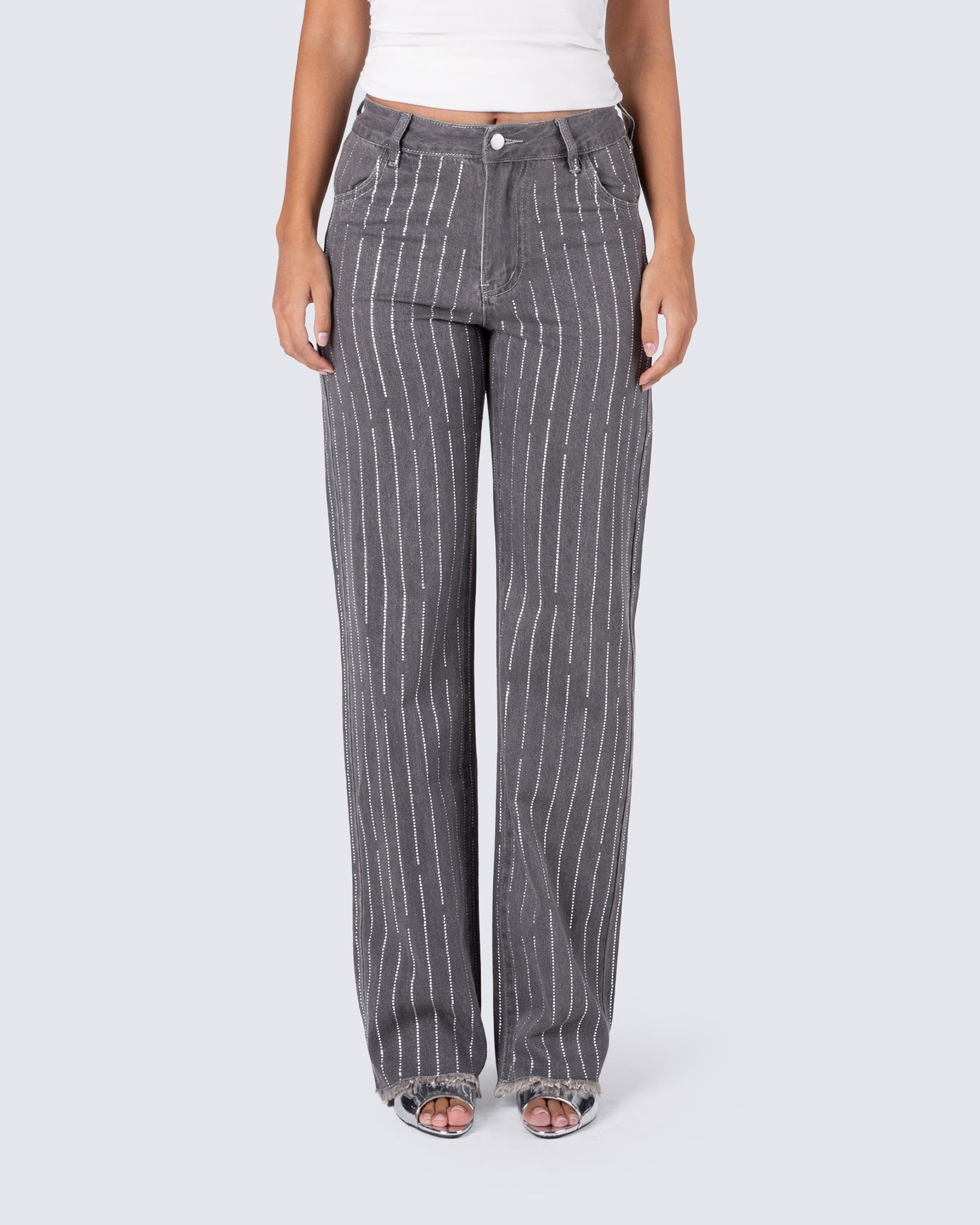 Taya Rhinestone Grey Jeans model front