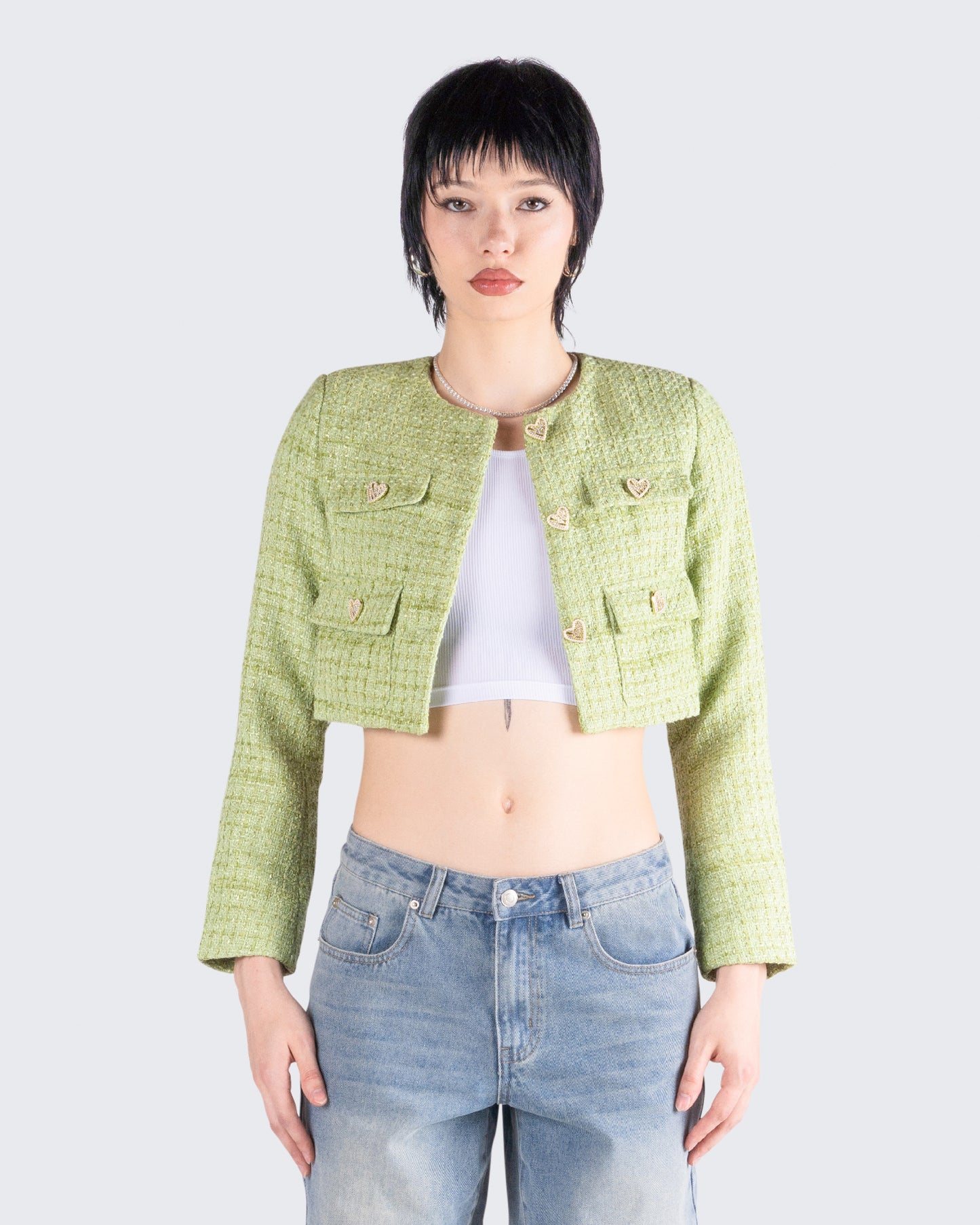 Tess Green Tweed Crop Jacket model front