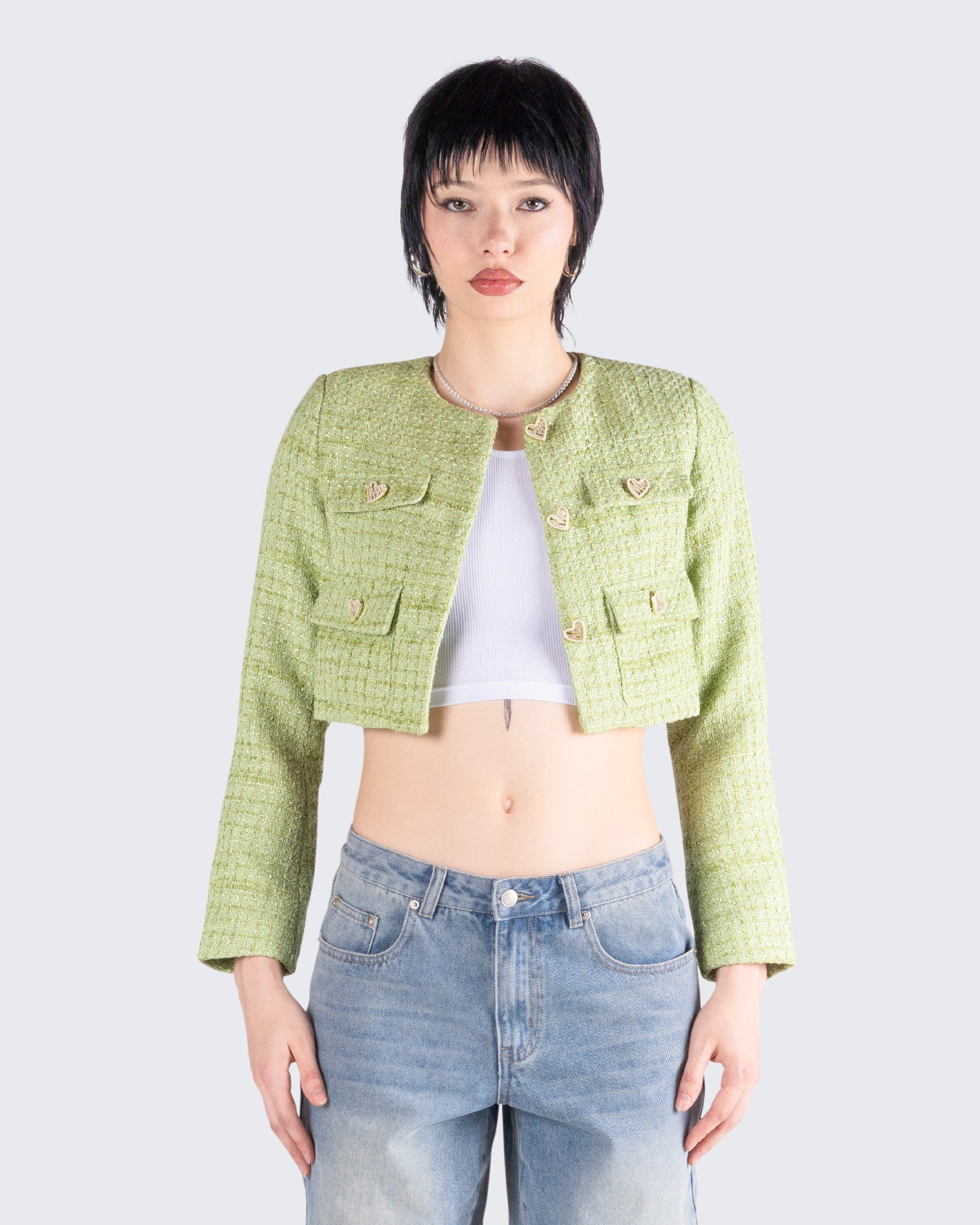 Tess Green Tweed Crop Jacket model front