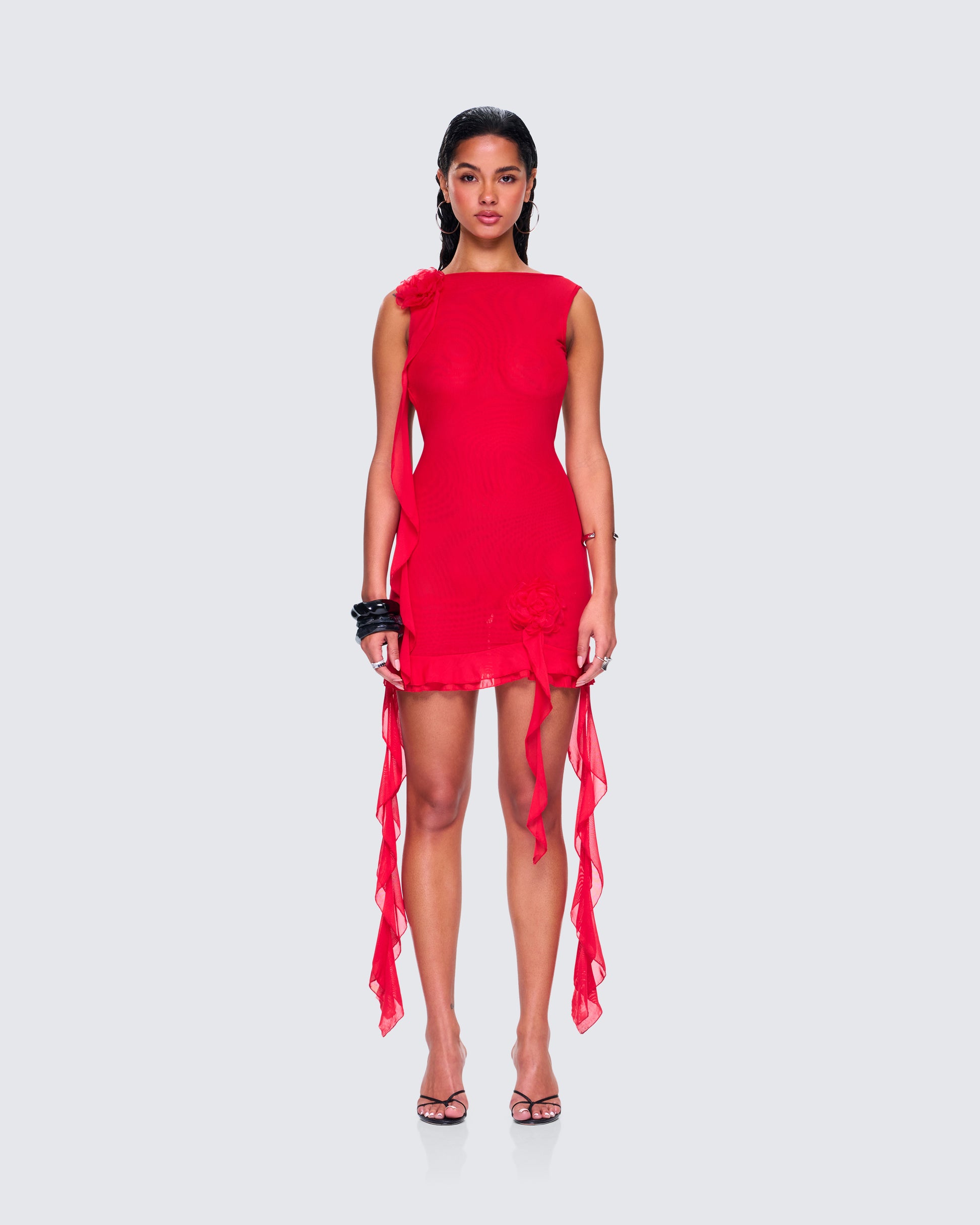 Tiana Red Ruffle Rosette Dress model front