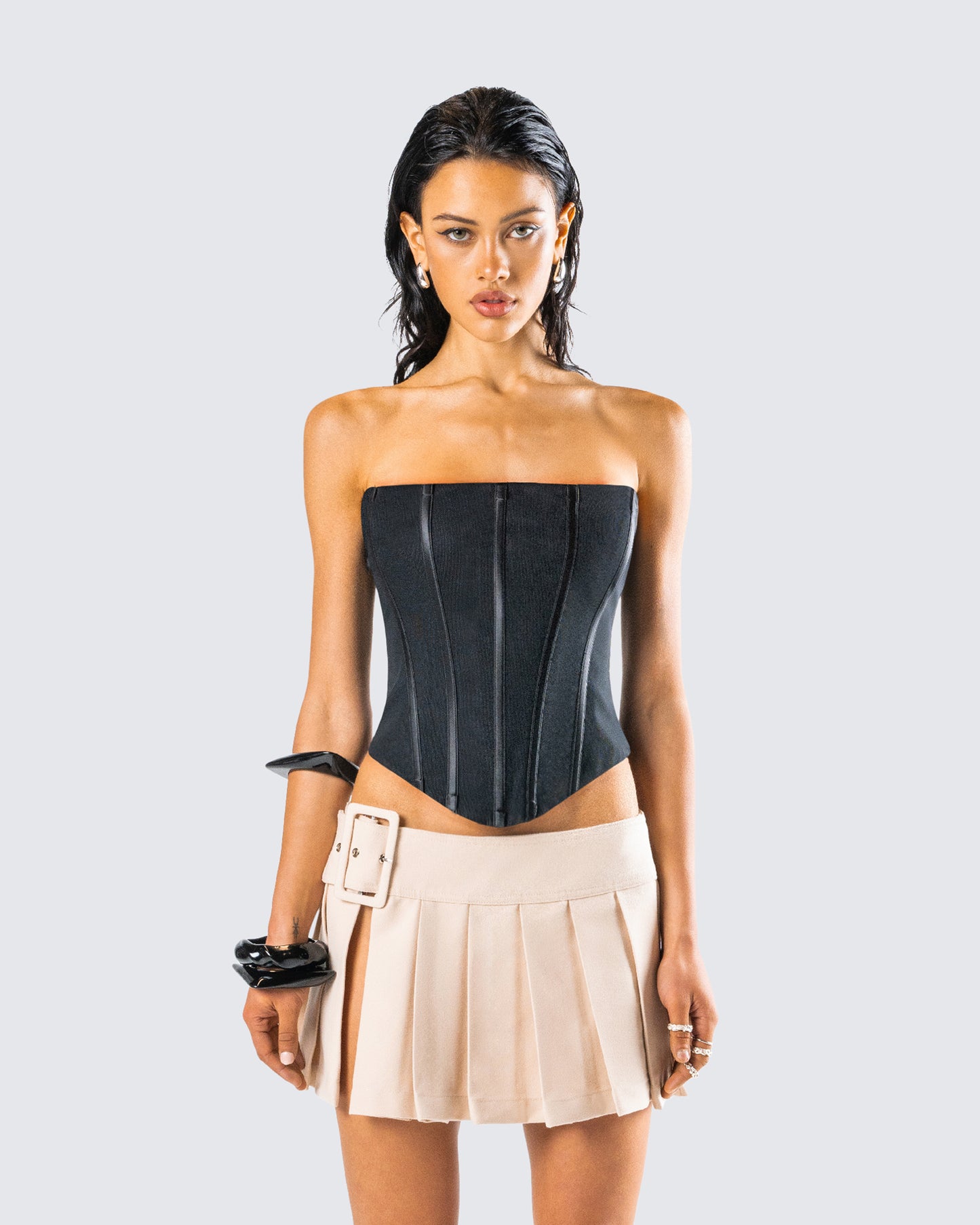 Tina Black Mesh Corset Top model front