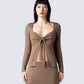 Abra Taupe Tie Front Top model front