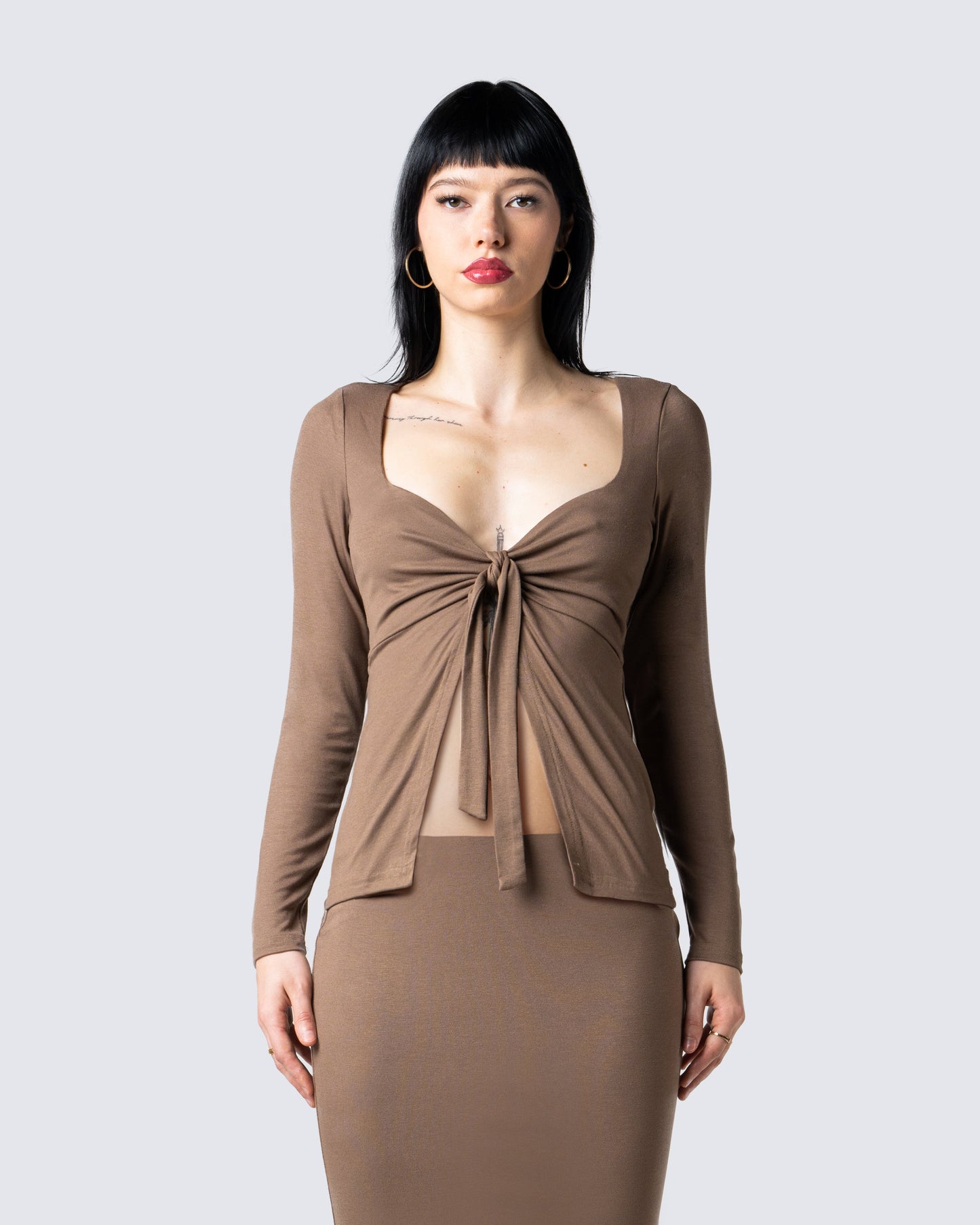 Abra Taupe Tie Front Top model front