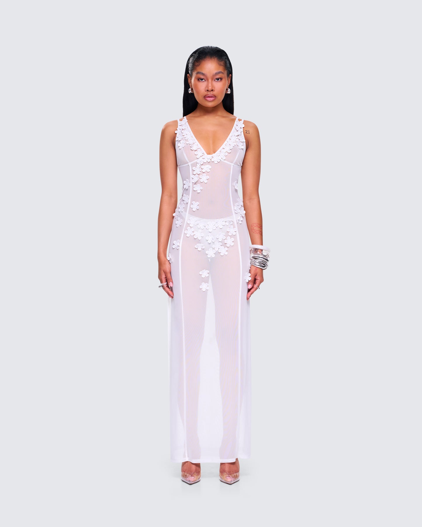 Twyla White Floral Mesh Maxi Dress model front