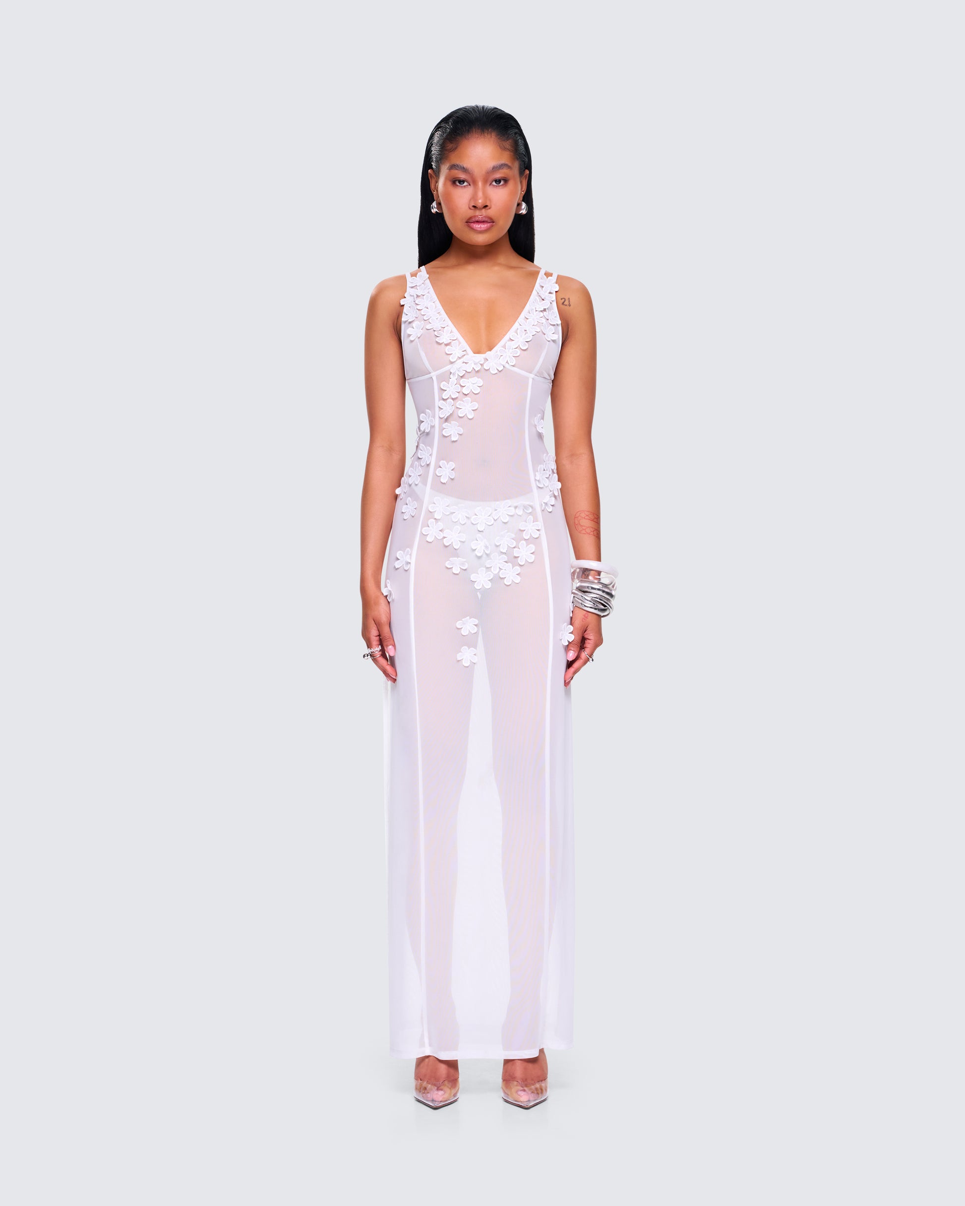 Twyla White Floral Mesh Maxi Dress model front