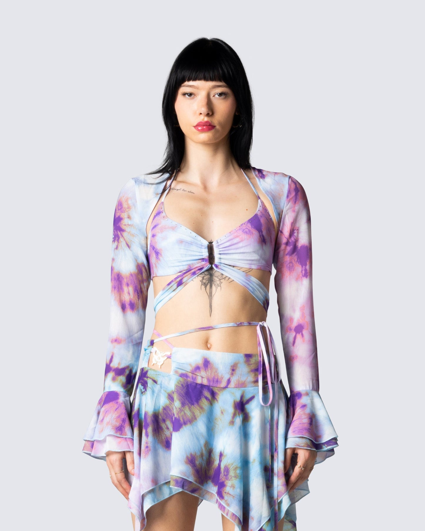 Kadence Tie Dye Print Shrug model front