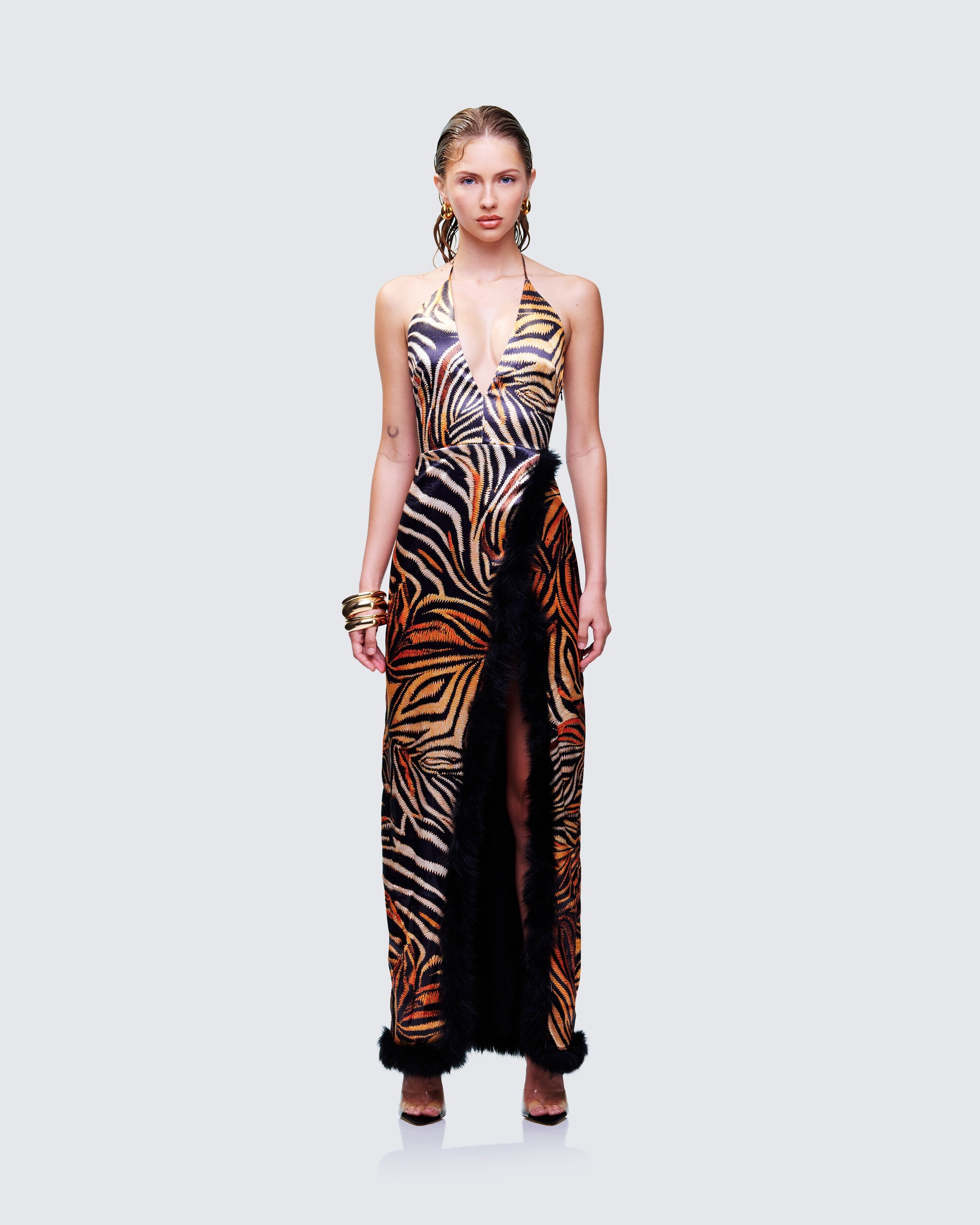 Ursula​ Orange Printed Wrap Maxi Dress model front