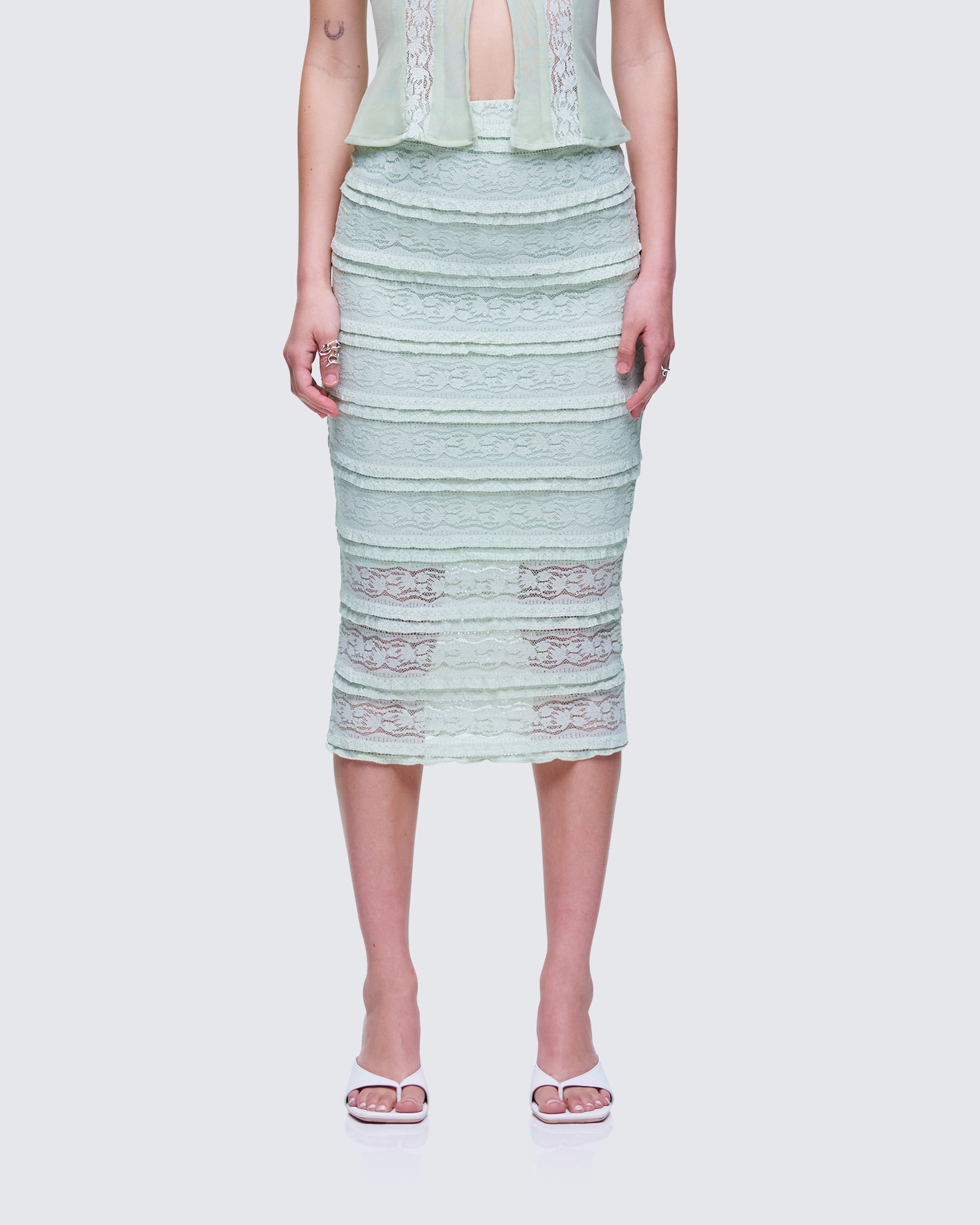 Ursuline Sage Ruffle Trim Skirt model front