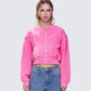 Uzma Pink Denim Cropped Bomber Jacket model front
