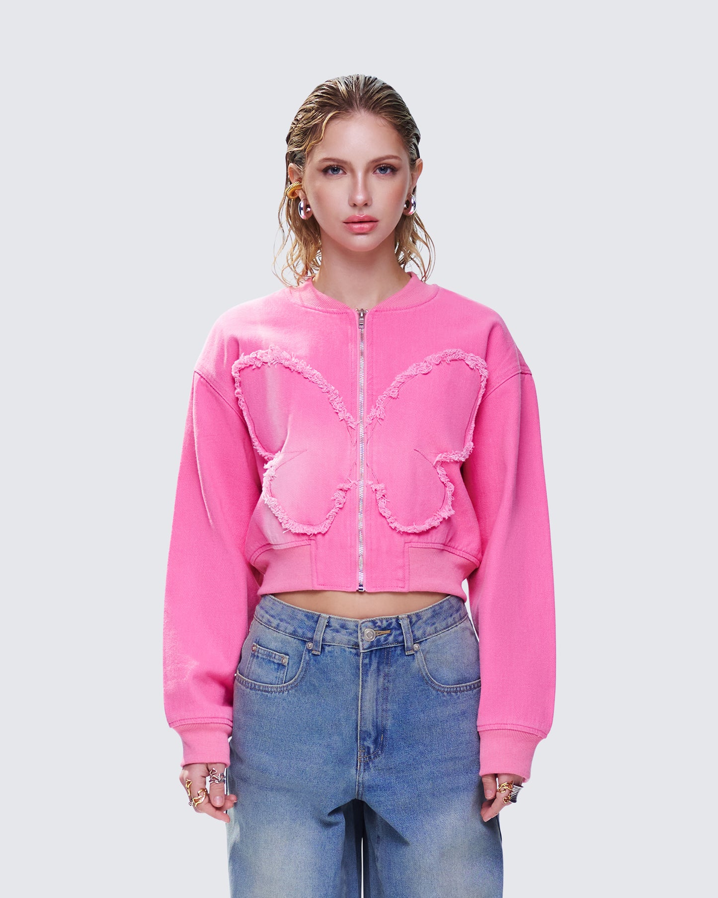 Uzma Pink Denim Cropped Bomber Jacket model front
