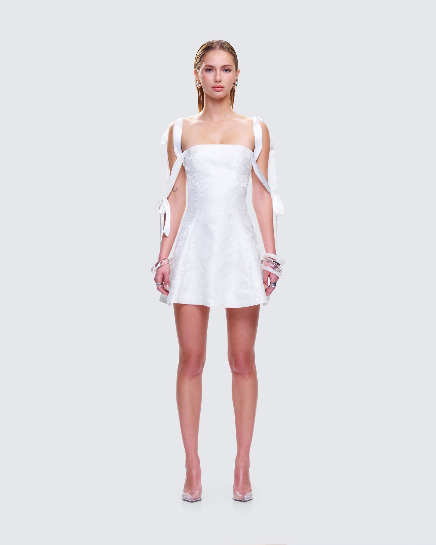 Valeria White Satin Mini Dress model front
