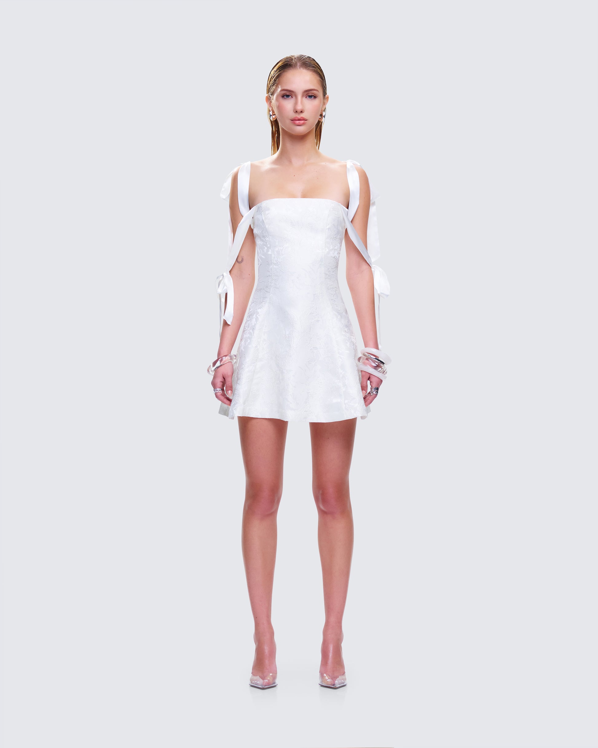 Valeria White Satin Mini Dress model front
