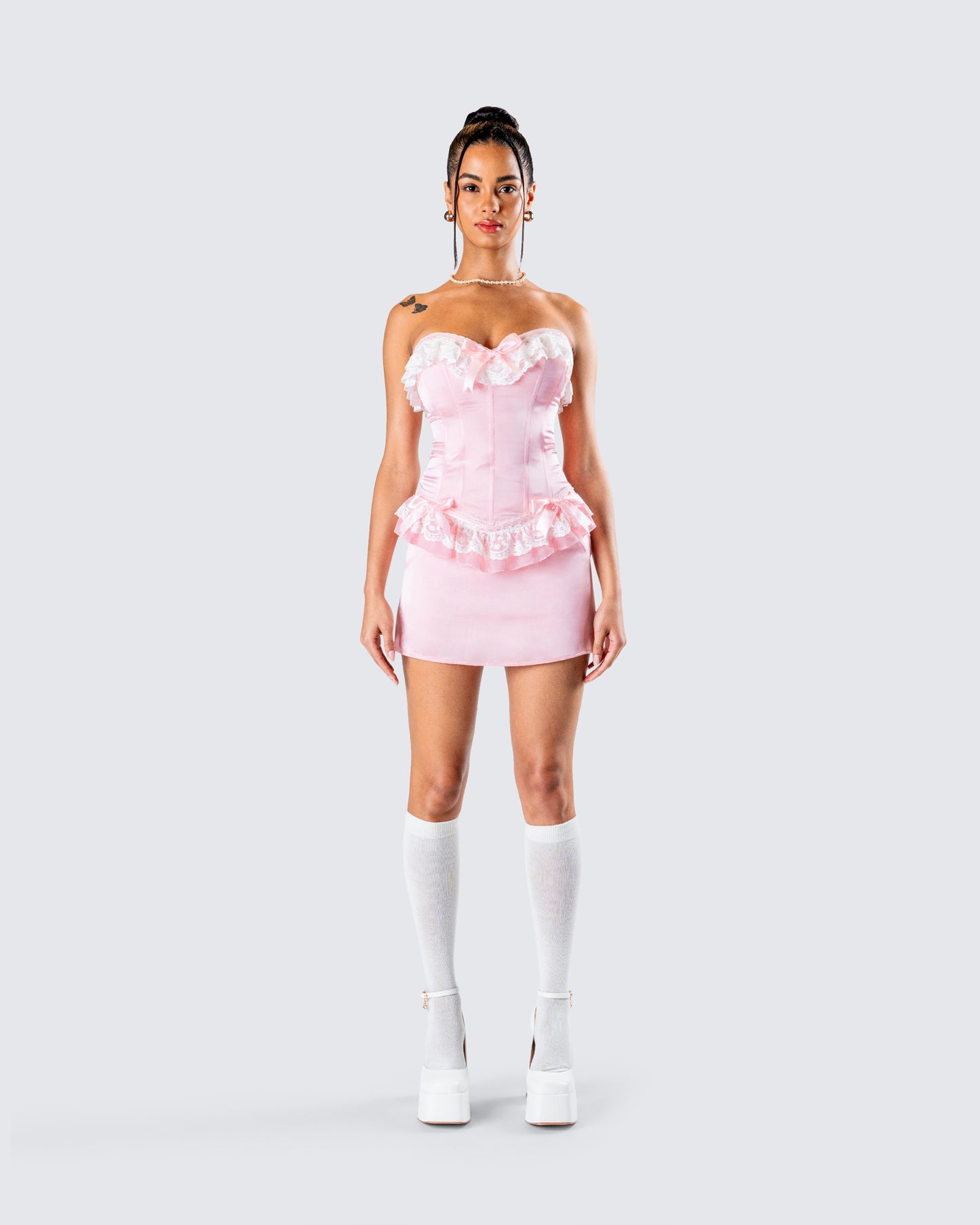 Vienna Pink Ruffle Mini Dress model front
