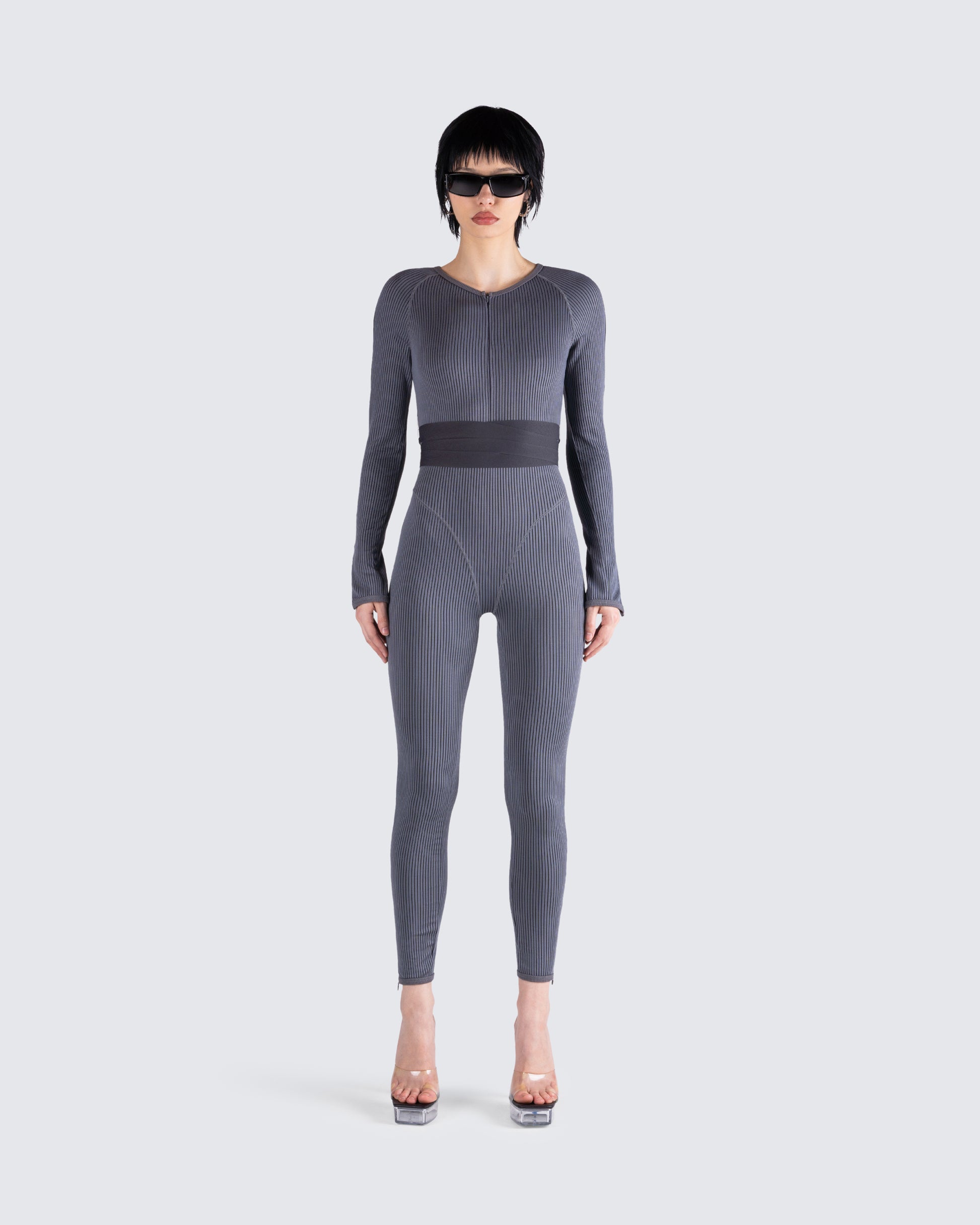 Vilma Grey Rib Zip Jumpsuit model front