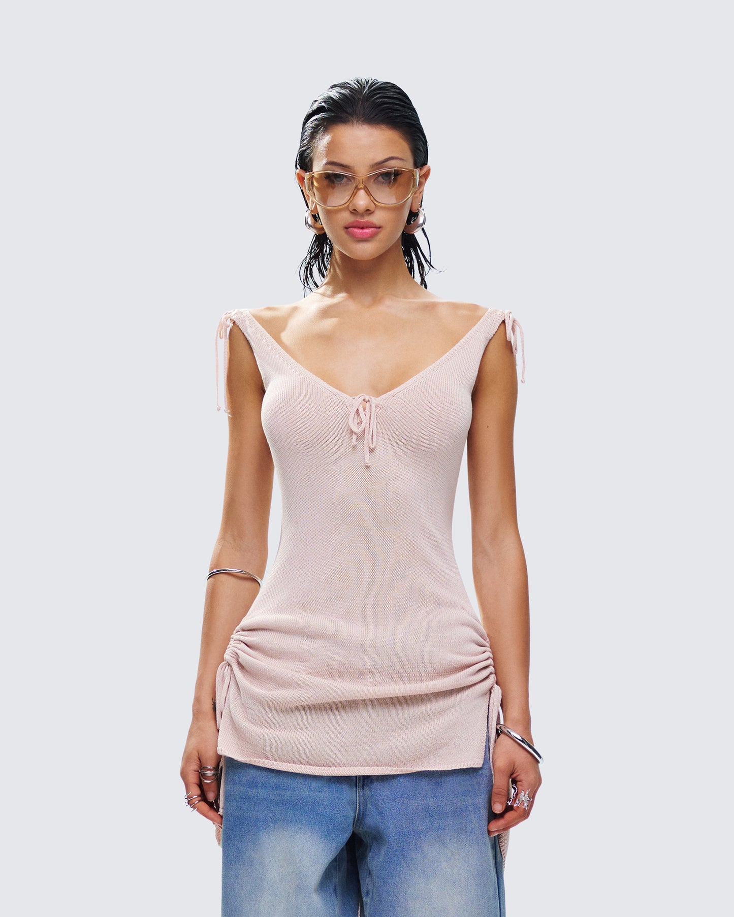 Wrenley Beige Ruched Sweater Top model front