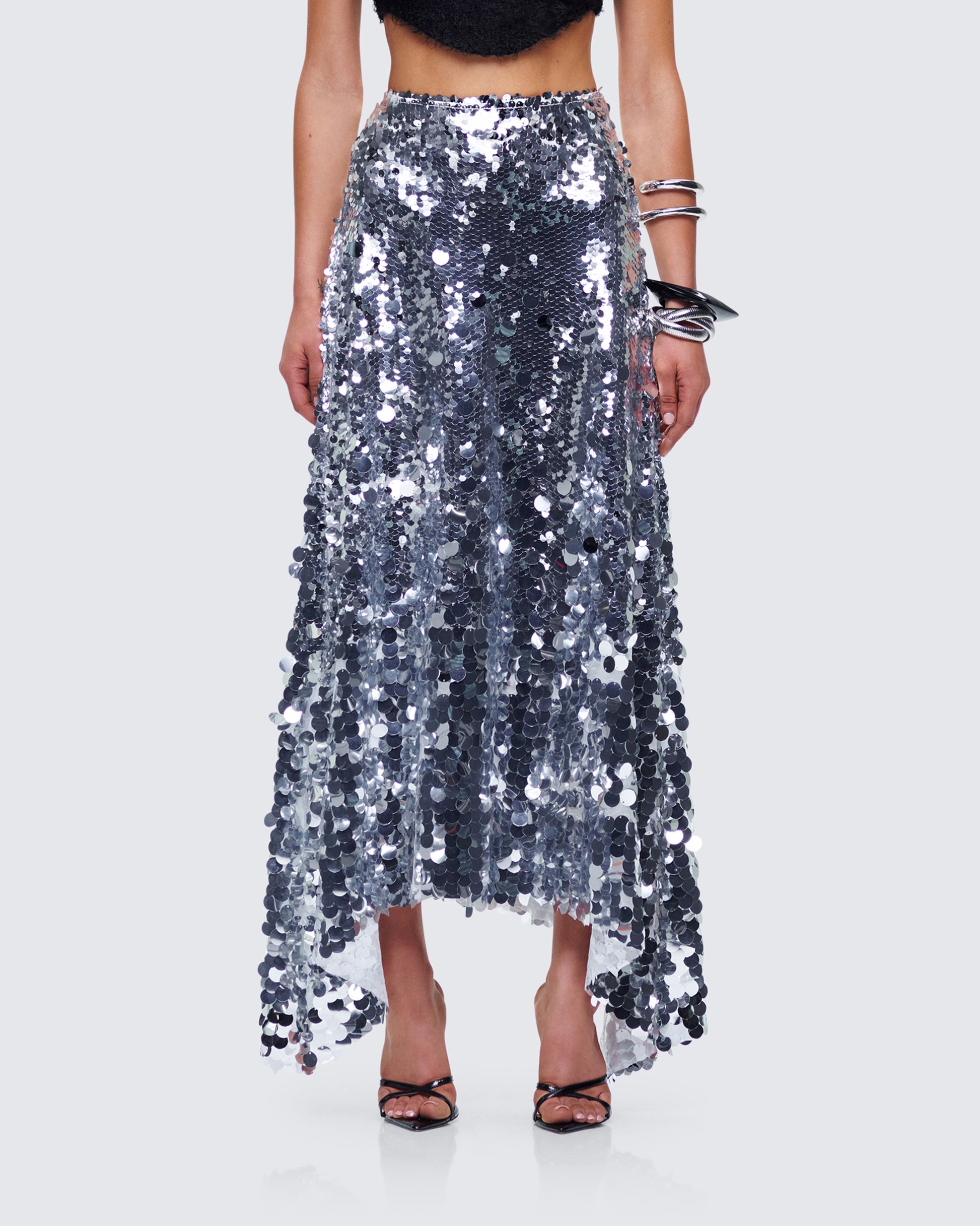Wyn Metallic Silver Sequin Maxi Skirt model front