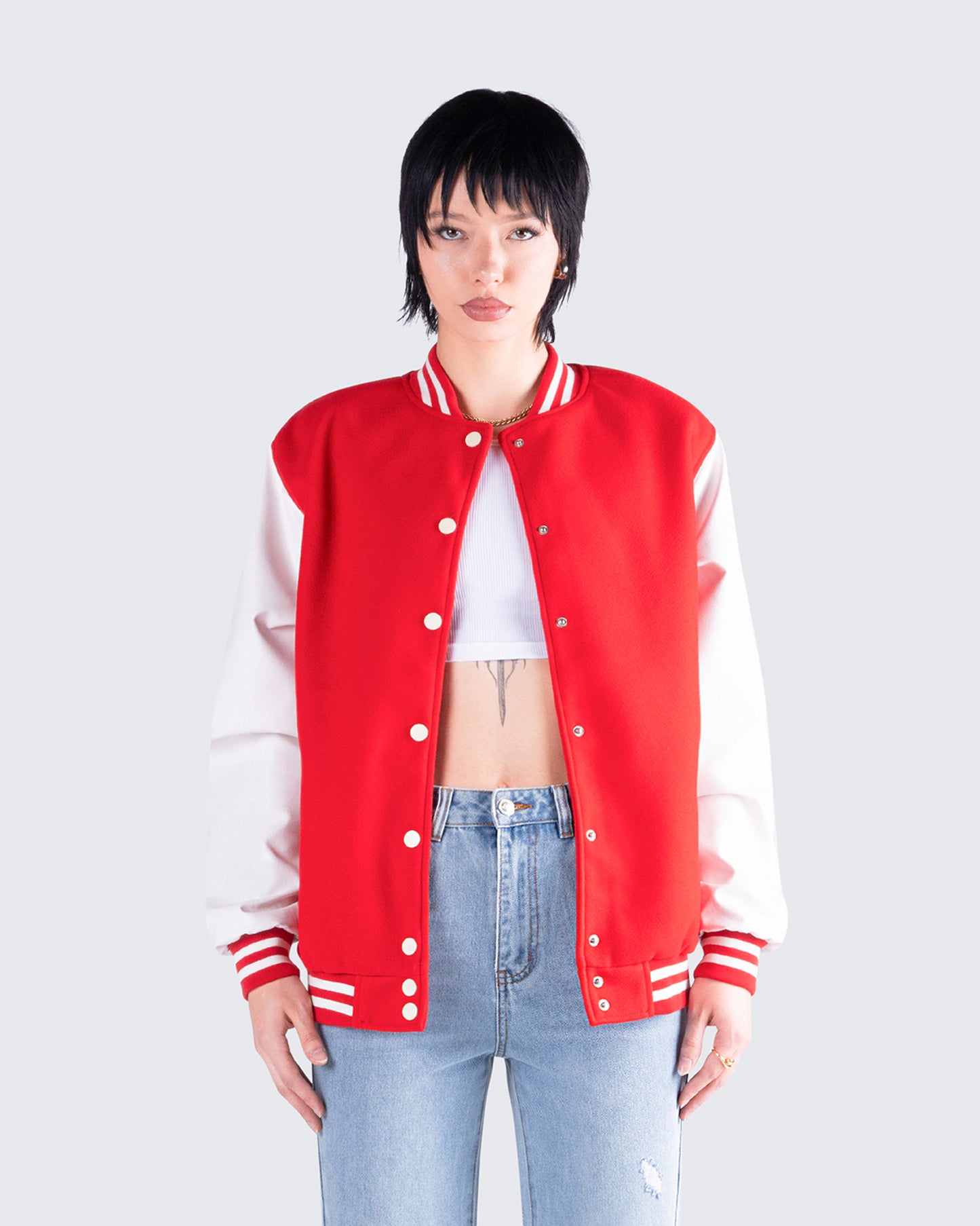 Yai Red Varsity Logo Patch Jacket model front