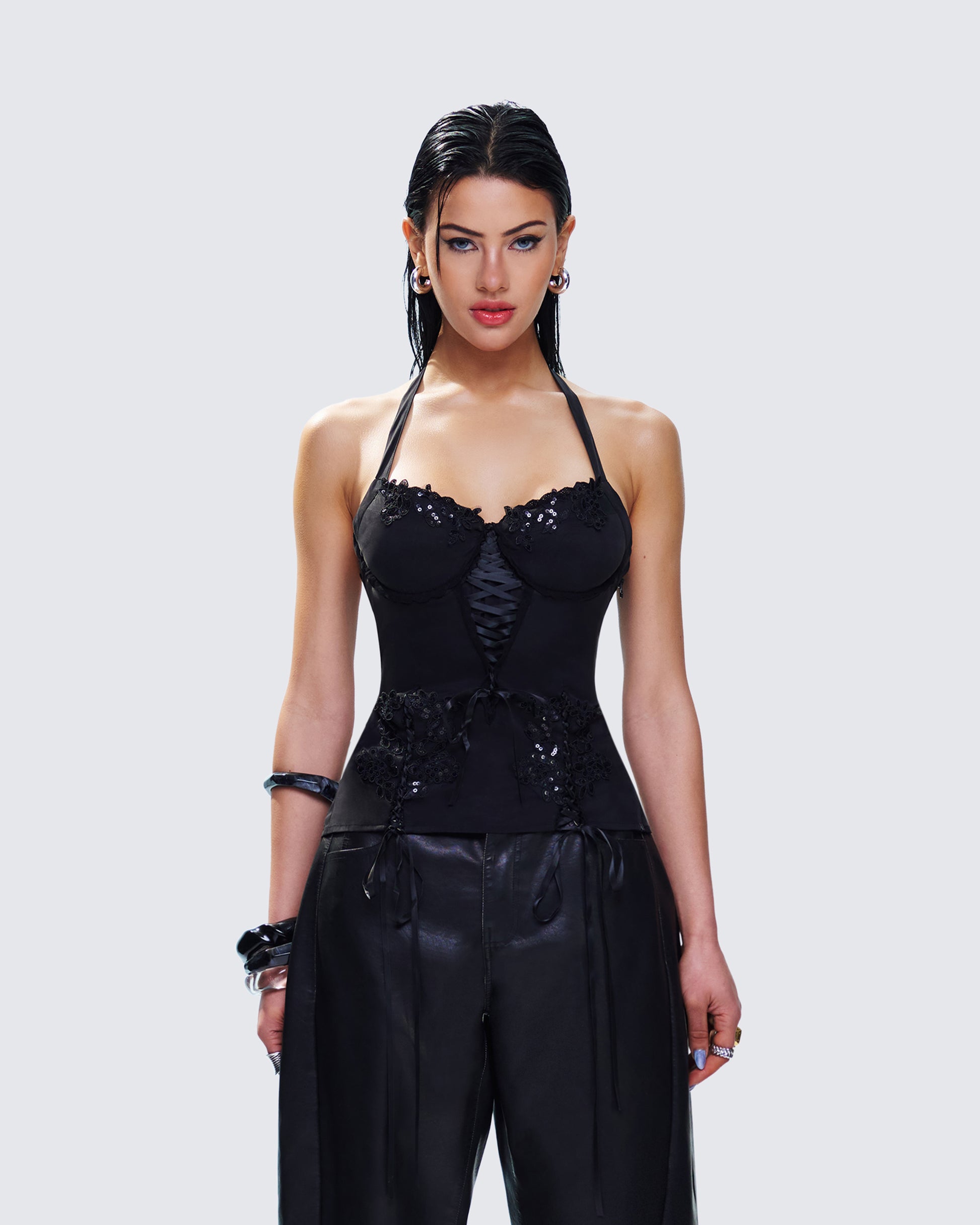 Yelina Black Halter Lace Up Top model front