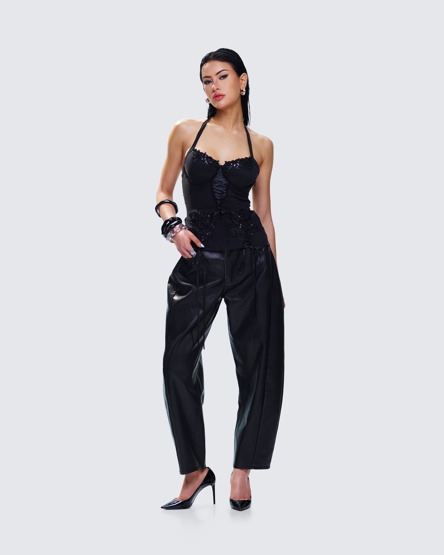 Yelina Black Halter Lace Up Top