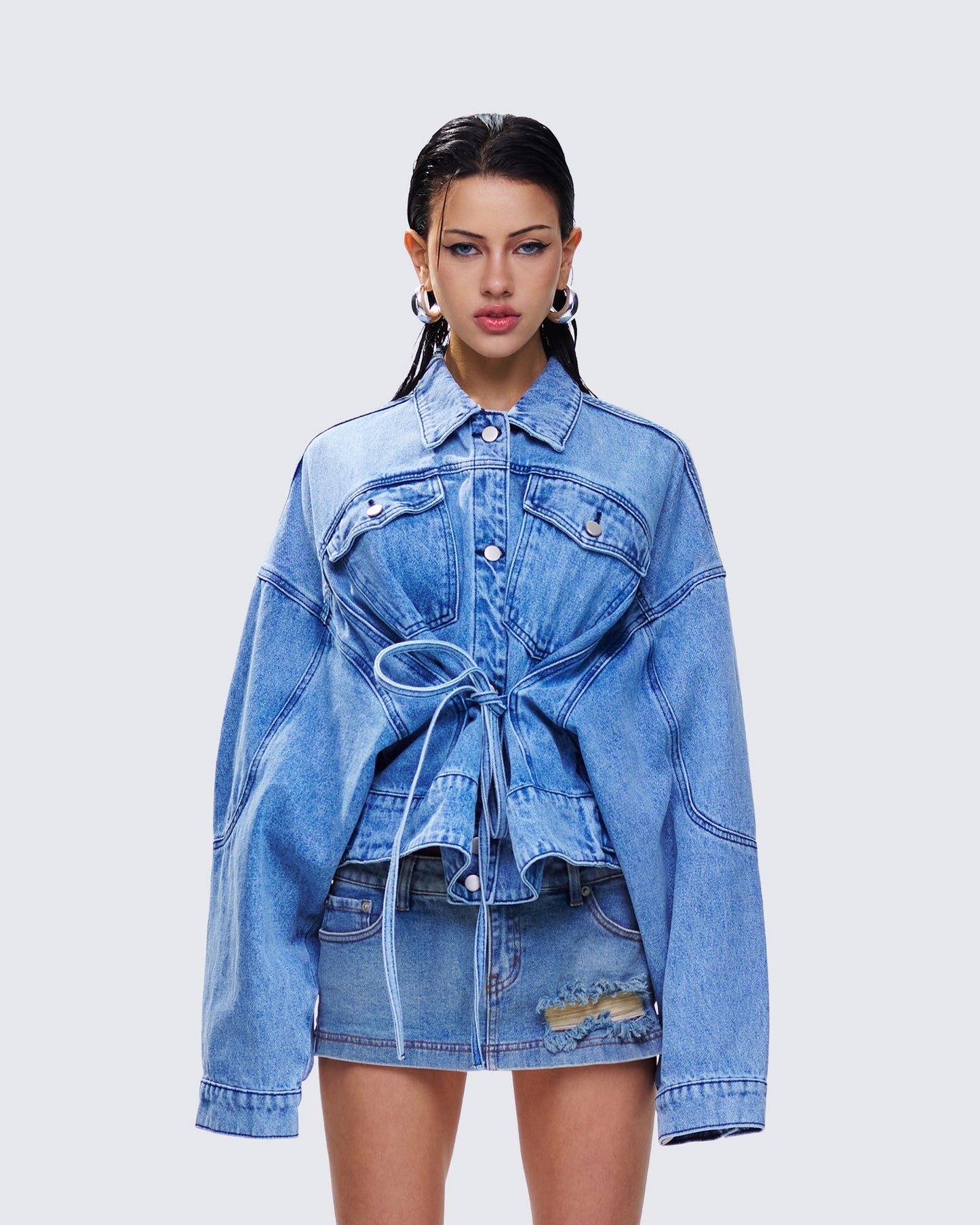 Yui Blue Denim Oversized Cropped Jacket model front