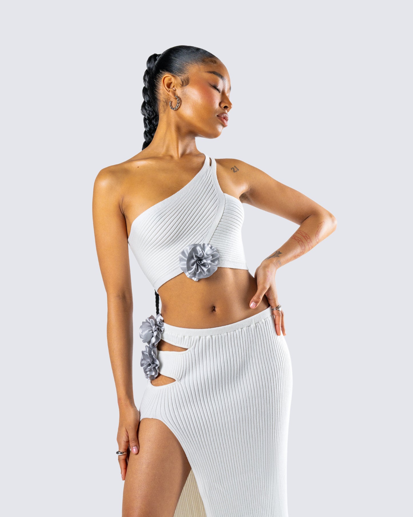 Yuka White Rosette Knit Crop Top