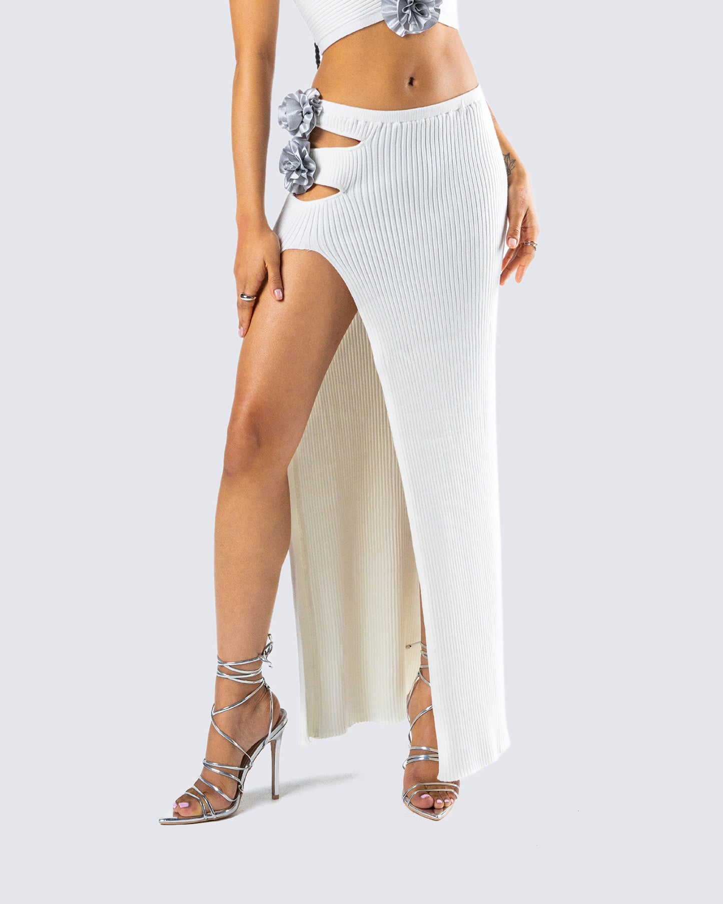 Yuka White Rosette Knit Maxi Skirt