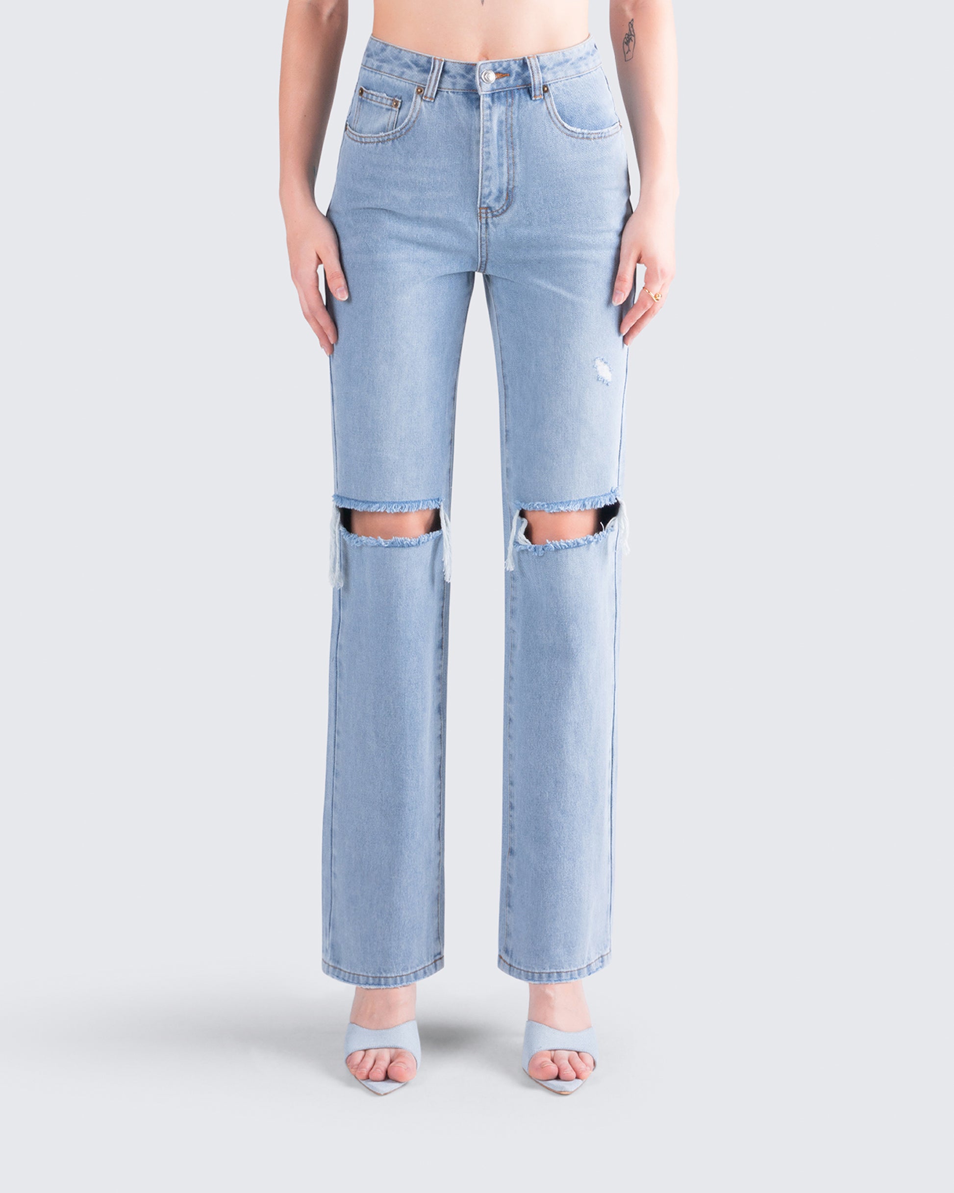 Yume Blue Distressed Denim Jean model front
