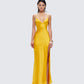 Zabel Orange Satin Maxi Dress model front