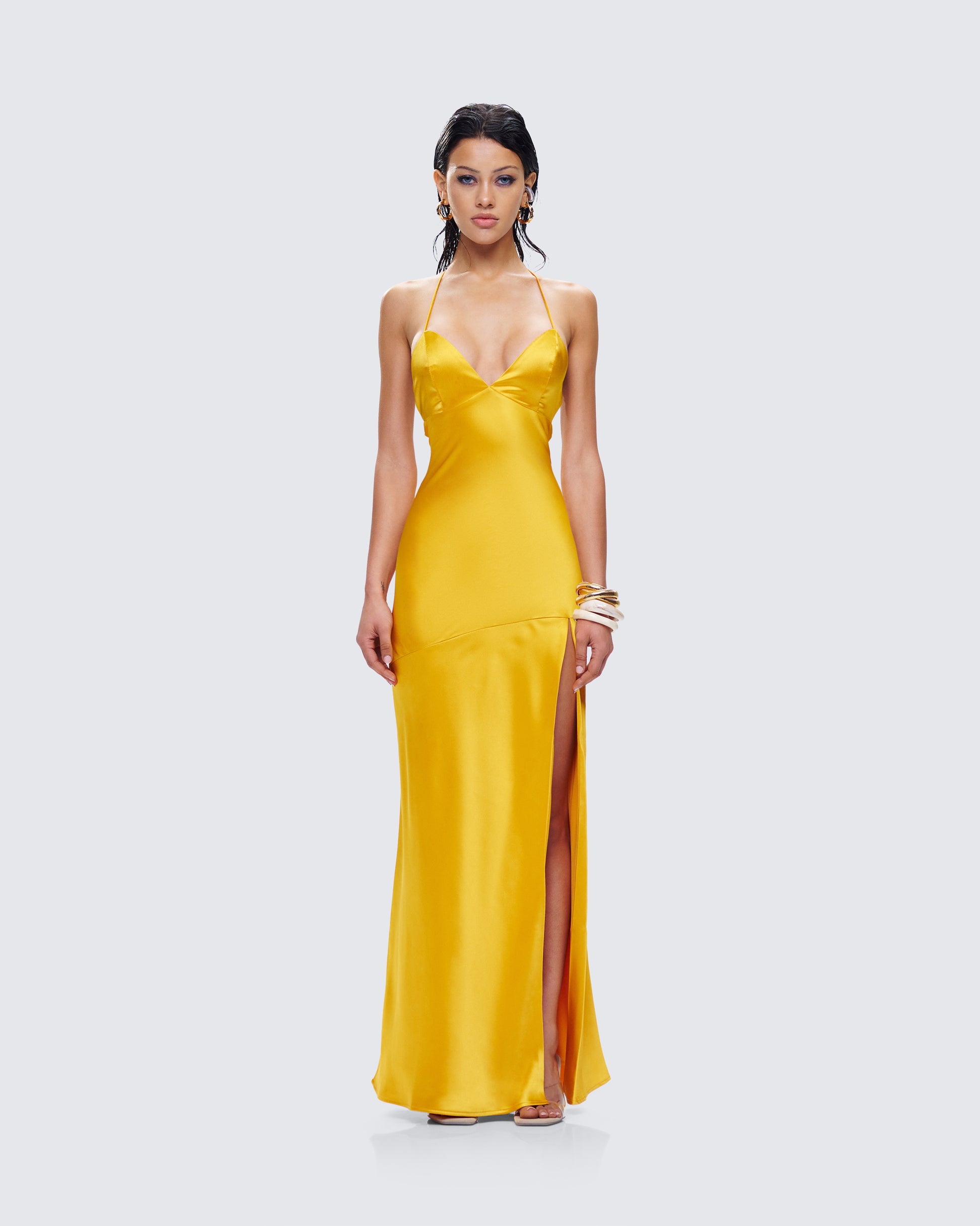 Zabel Orange Satin Maxi Dress model front