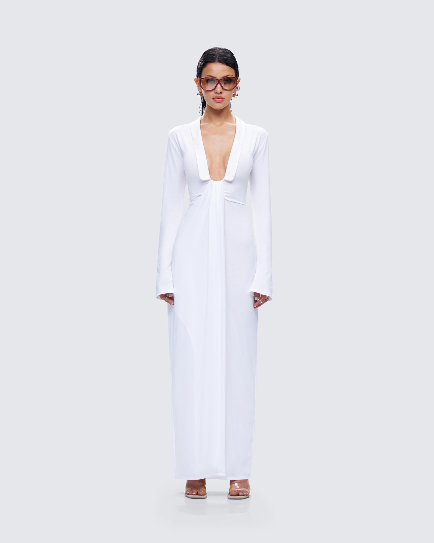 Zaida White Plunge Maxi Dress model front