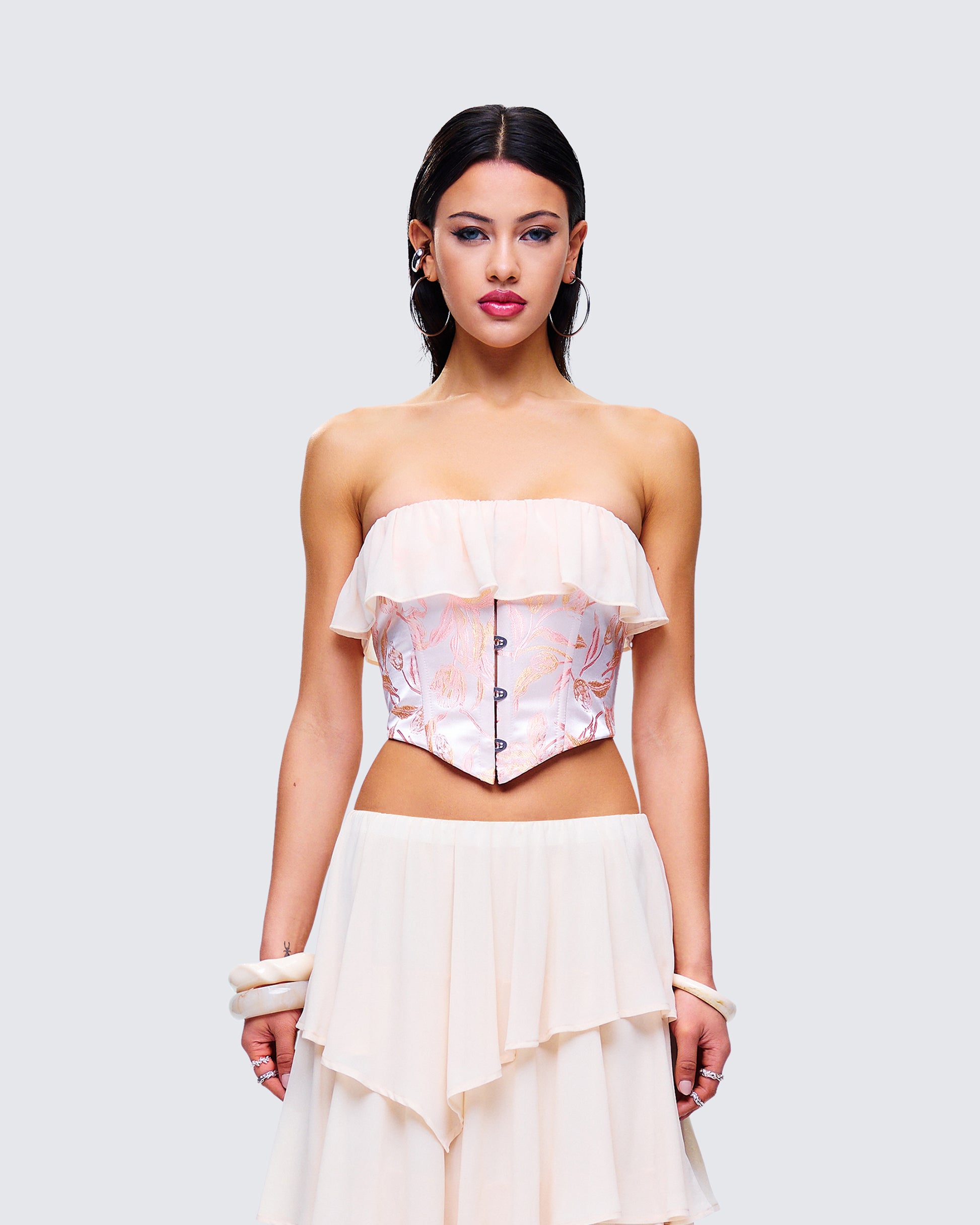 Zana Cream Ruffle Corset Top model front