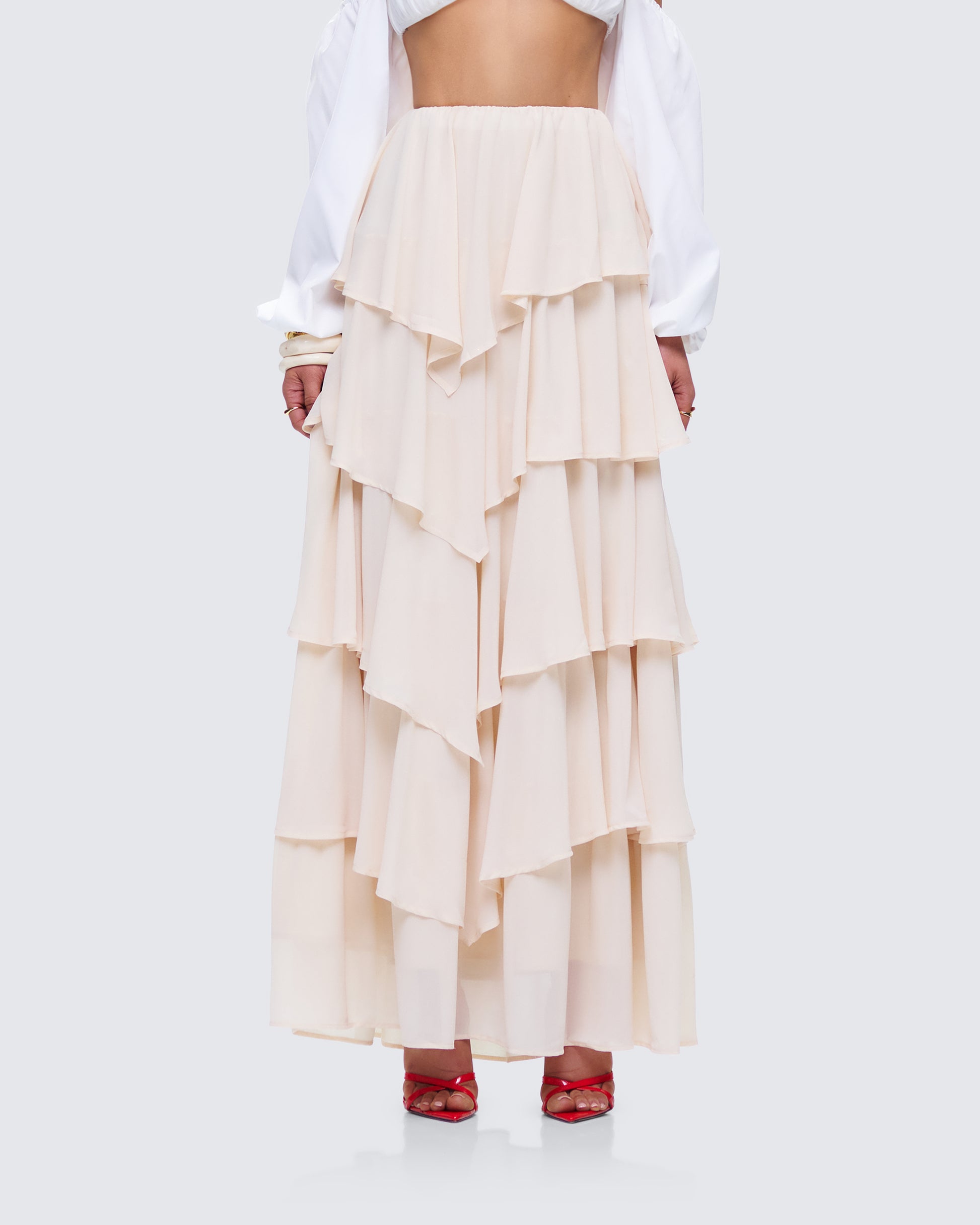 Zana Cream Tiered Ruffle Maxi Skirt model front