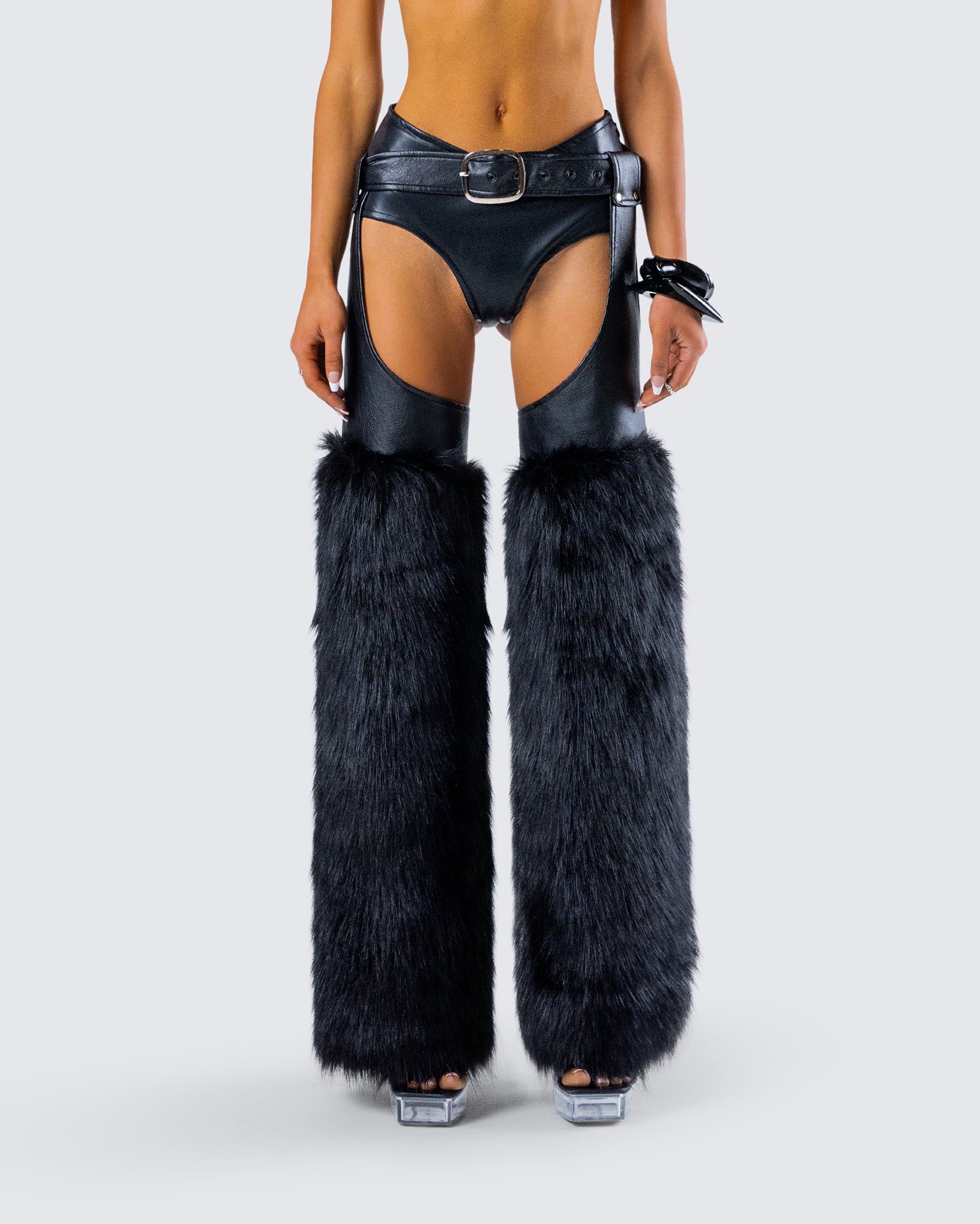 Zaria Black Vegan Leather Fur Trim Chaps model front