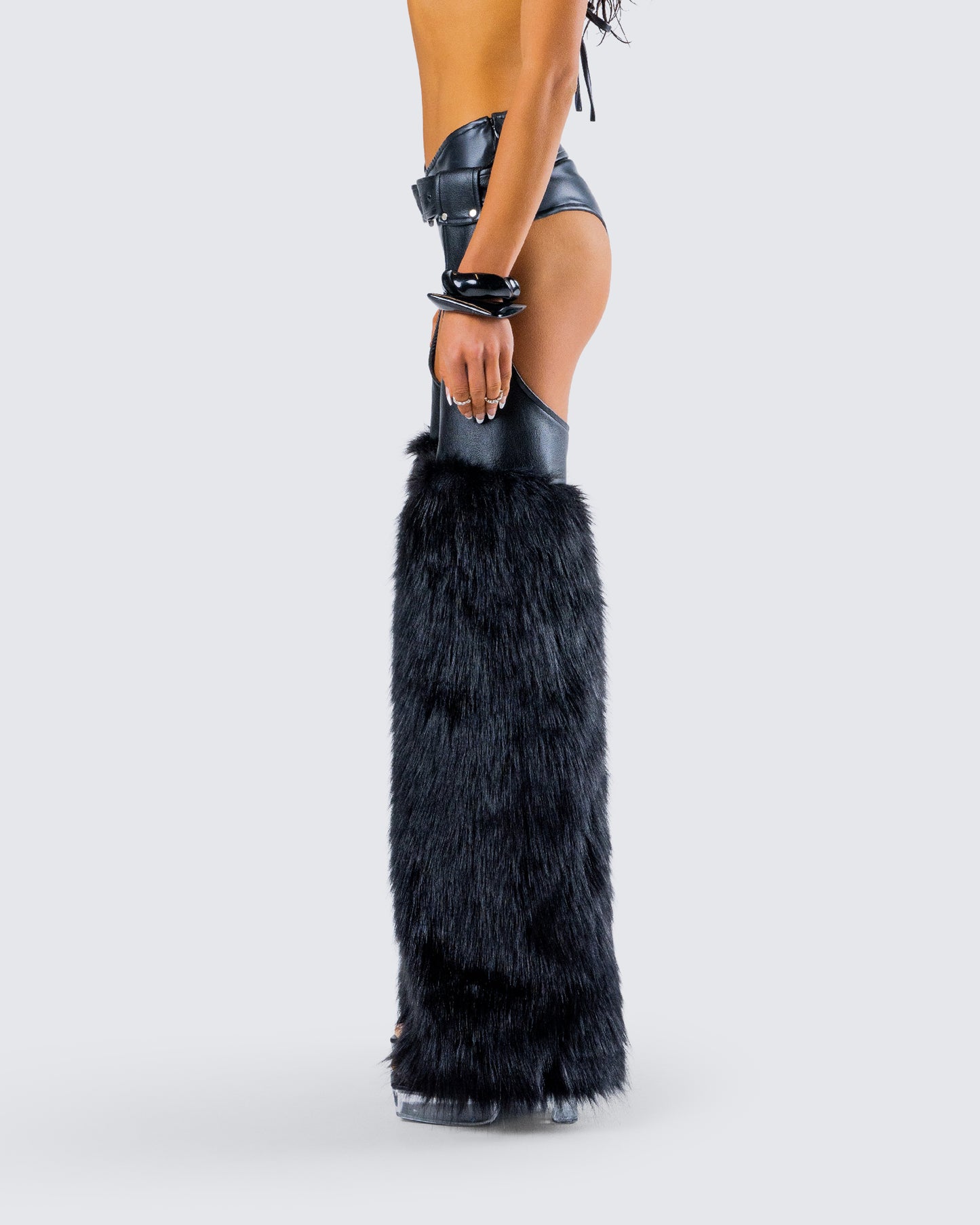 Zaria Black Vegan Leather Fur Trim Chaps
