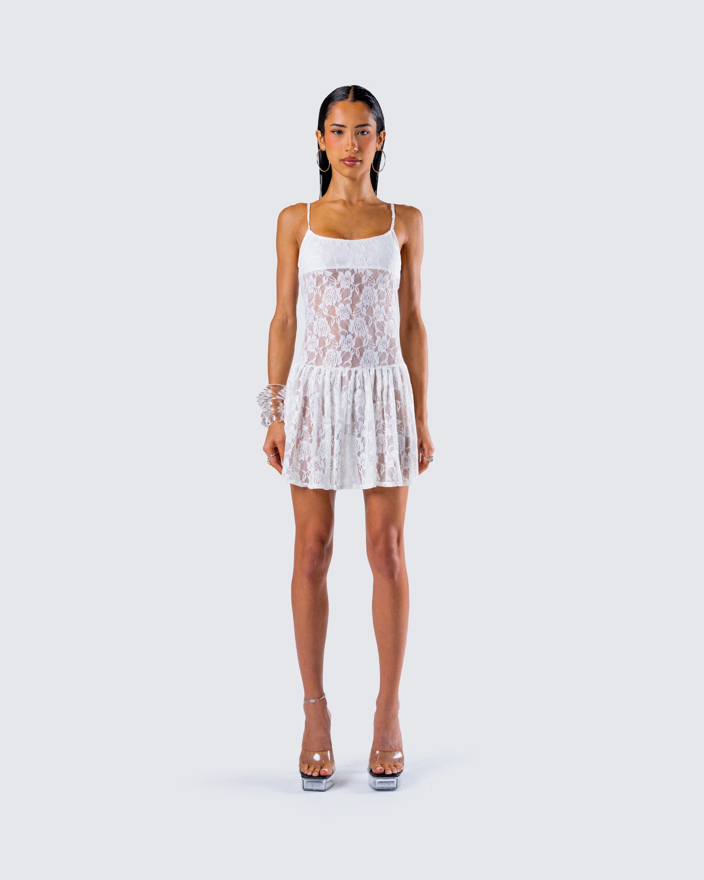 Zera White Lace Pleated Mini Dress model front