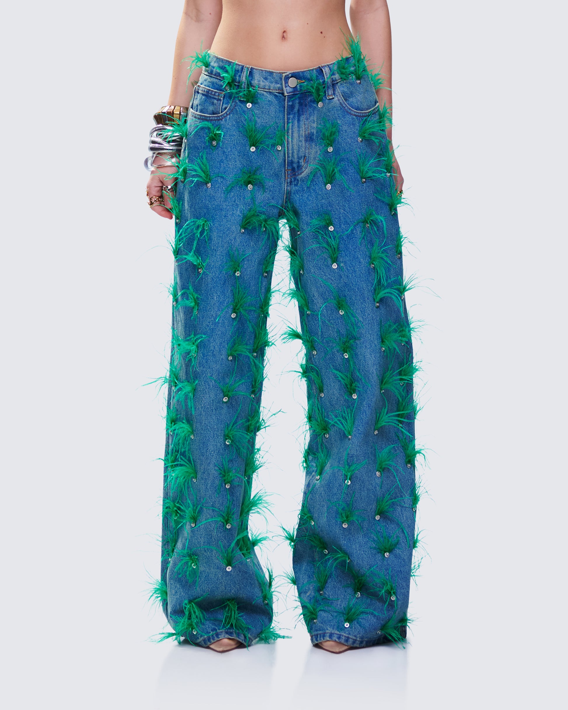 Zia Blue Denim Feather Straight Leg Pant model front